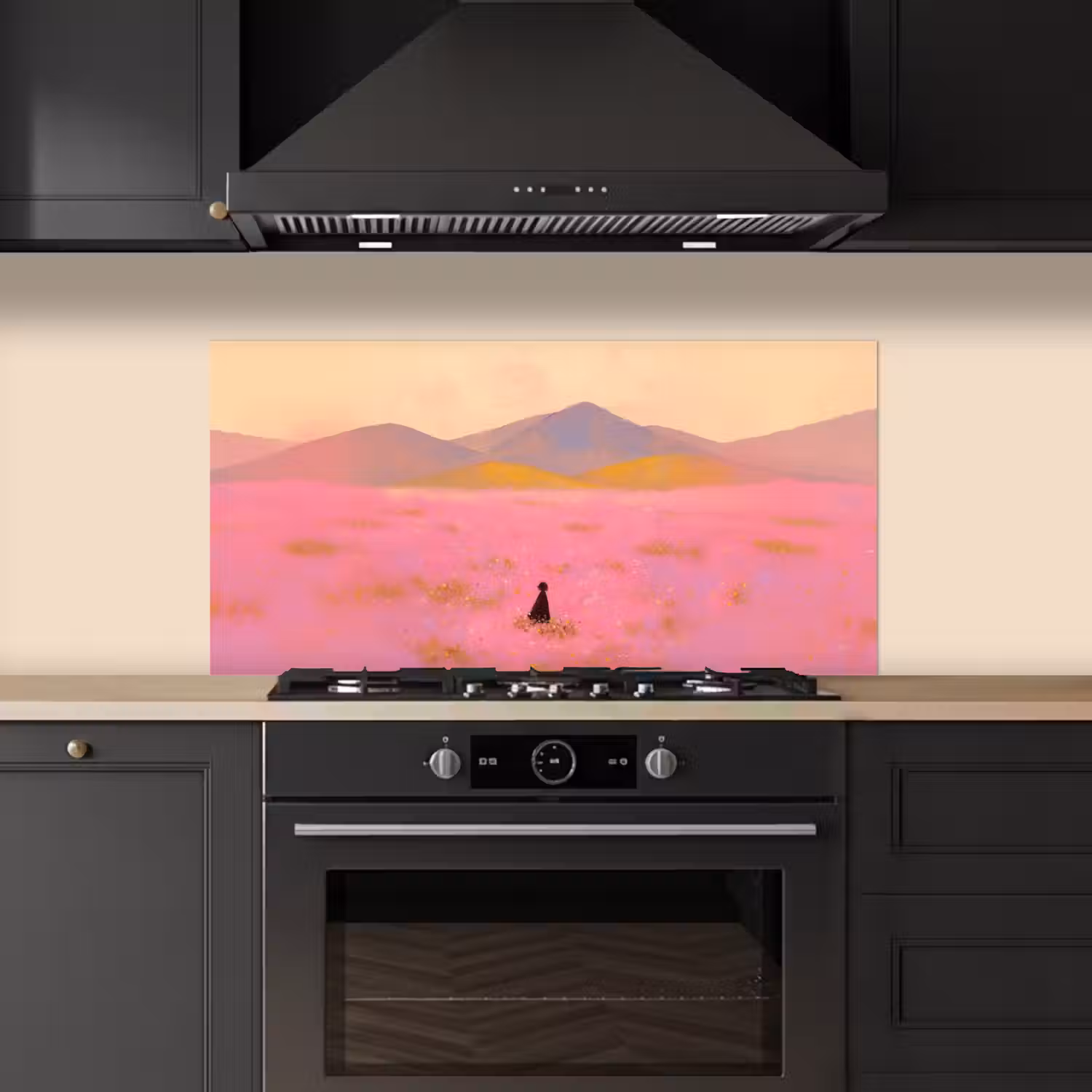 Bloemenweide - Heuvels - Silhouet - Roze keuken achterwand spatscherm middel -sfeer1