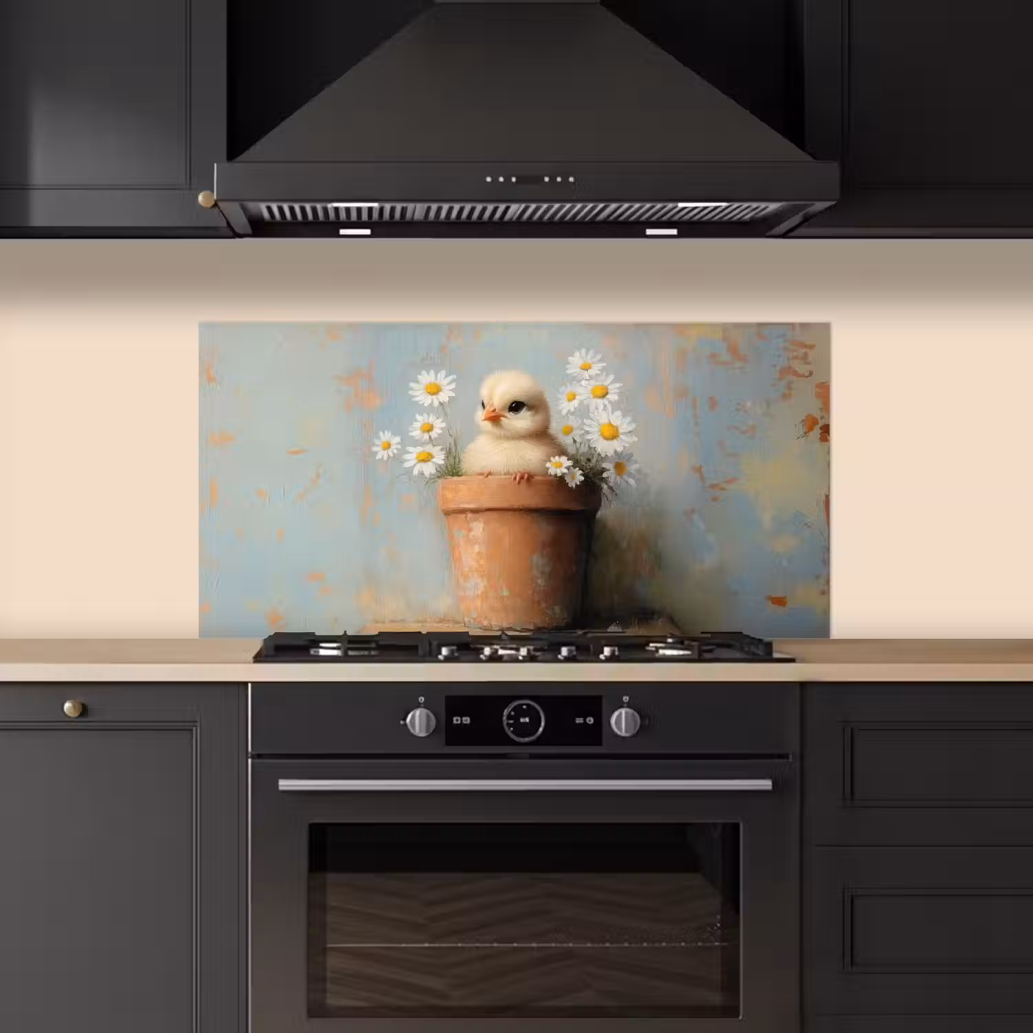 Bloempot - Kuiken - Bloemetjes keuken achterwand spatscherm middel -sfeer1