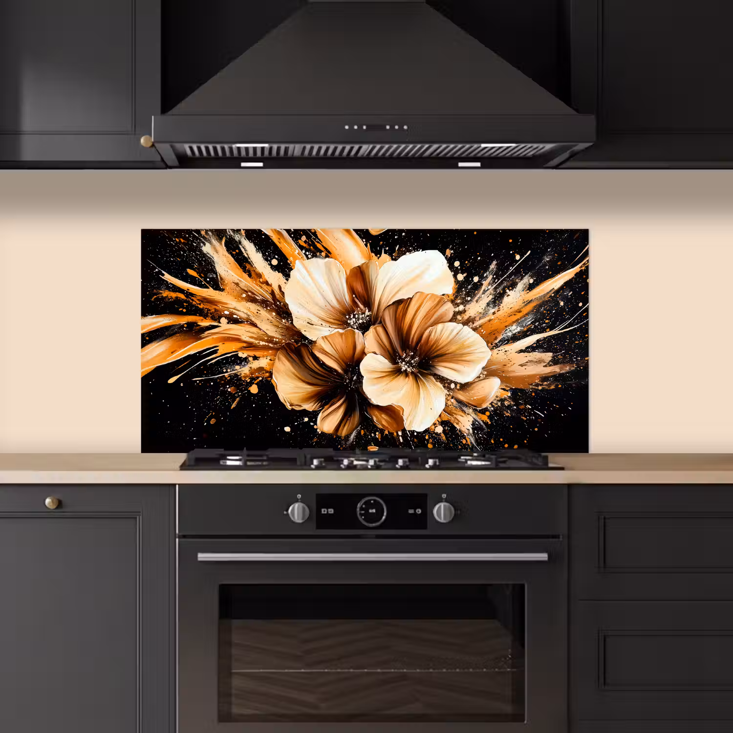 Bloemen - Goud - Graffiti - Zwart - Abstract keuken achterwand spatscherm middel -sfeer1