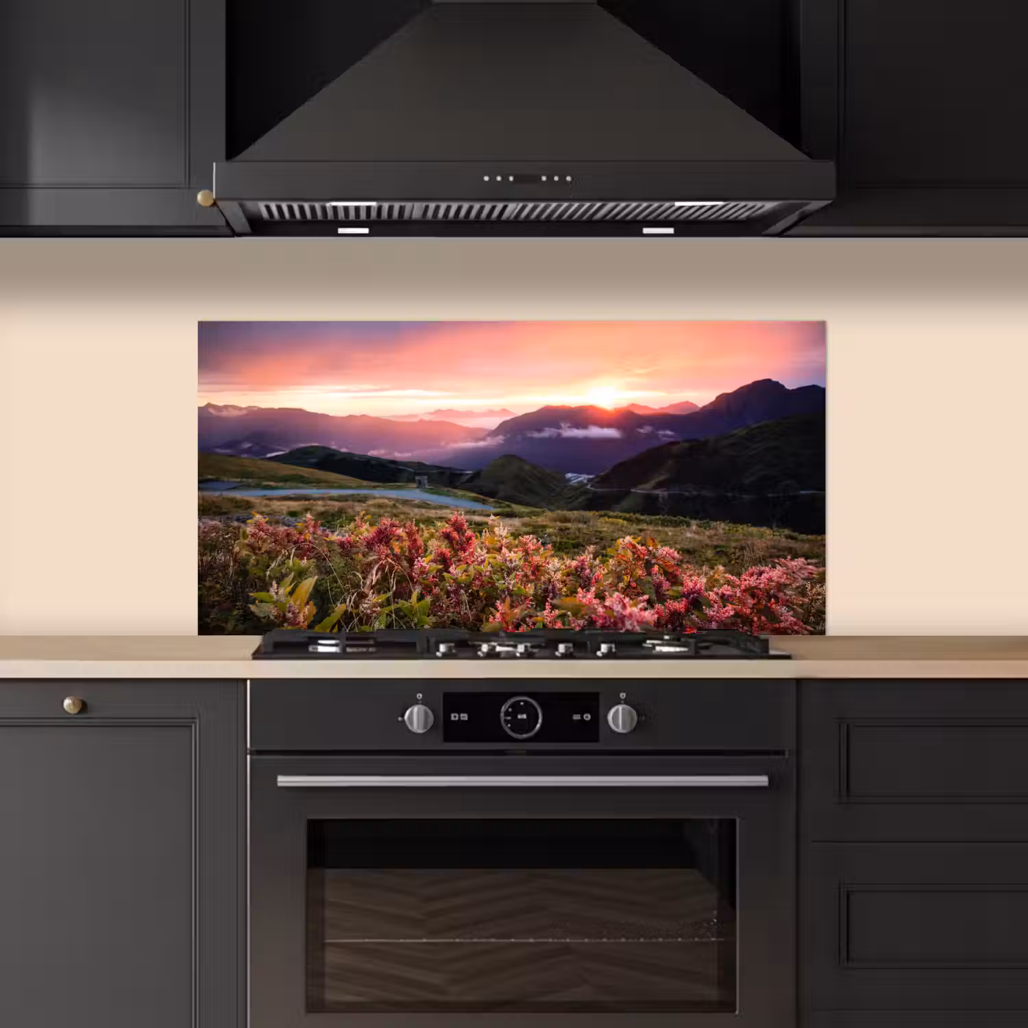 Bloemen - Bergen - Landschap - Nacht - Lucht - Roze keuken achterwand spatscherm middel -sfeer1