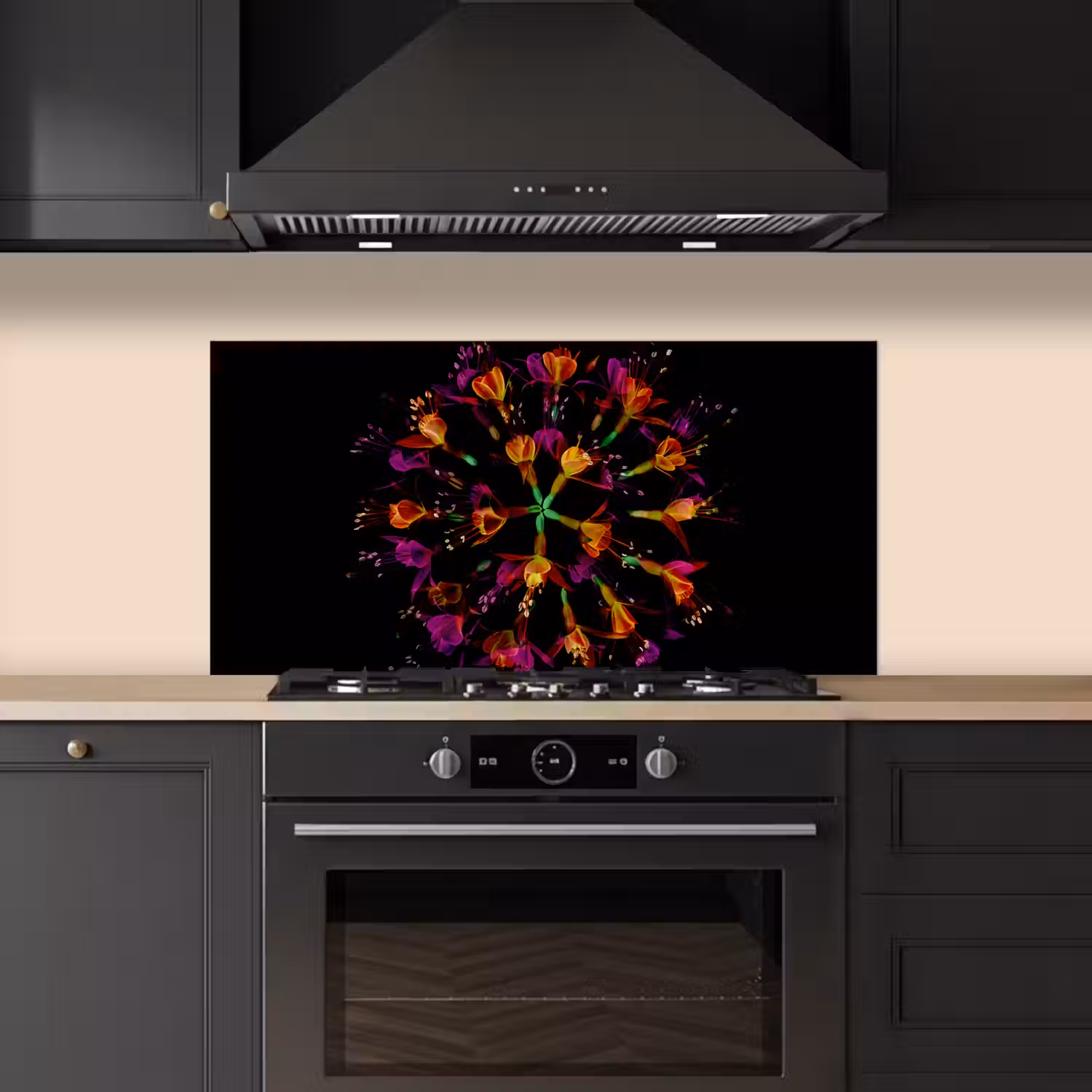 Bloemen - Oranje - Roze - Zwart keuken achterwand spatscherm middel -sfeer1