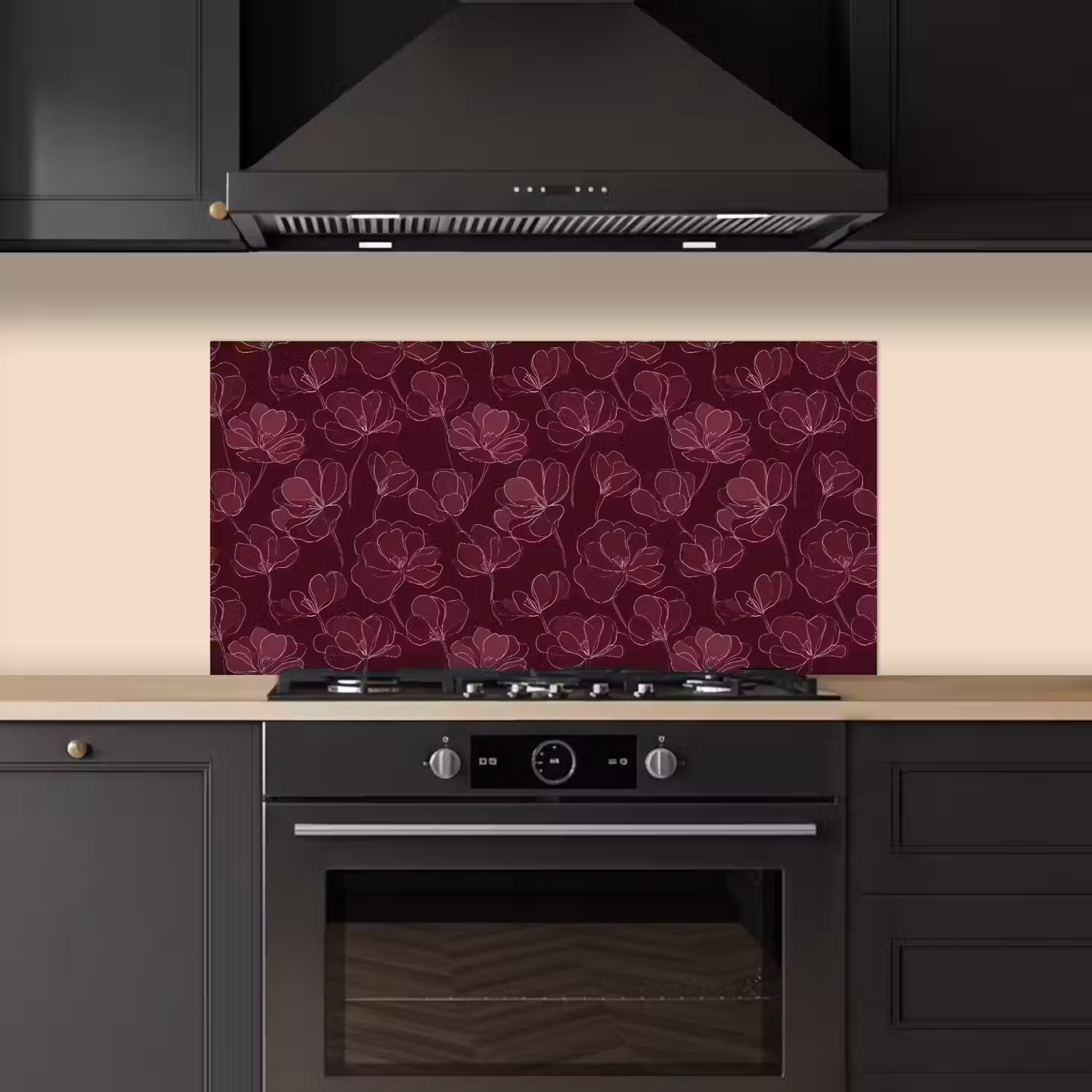 Bloemen - Patroon - Bordeauxrood keuken achterwand spatscherm middel 899 -sfeer1