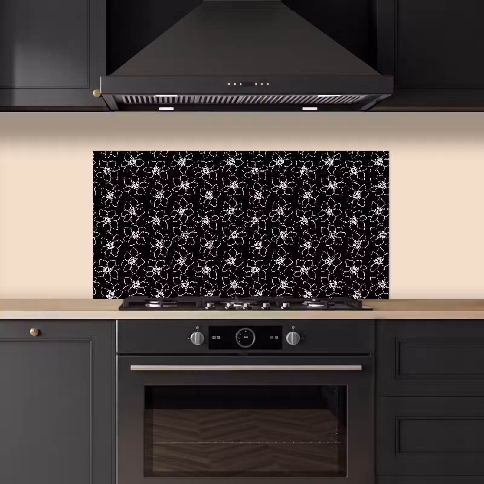 Bloemen - Patroon - Wit - Zwart keuken achterwand spatscherm middel 899 -sfeer1