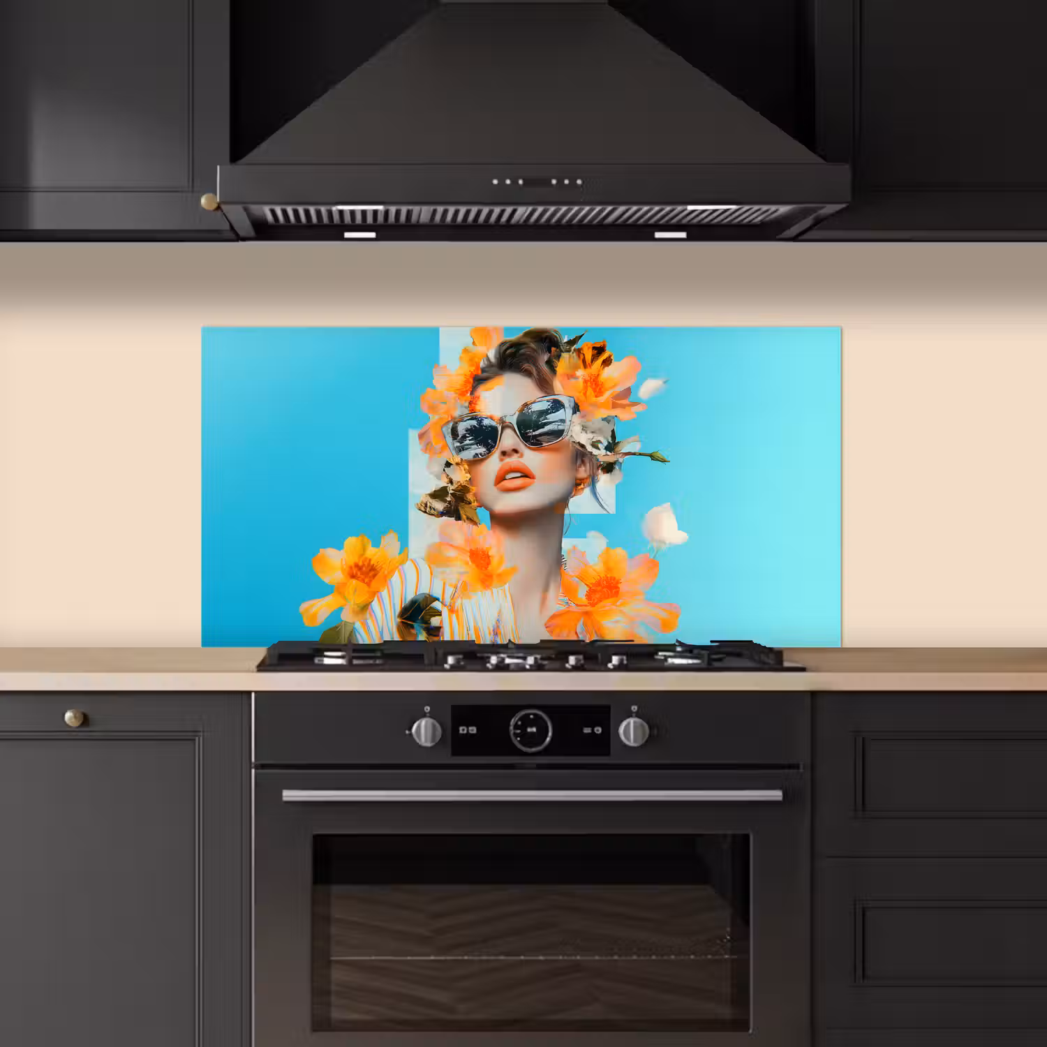 Bloemen - Vrouw - Zonnebril - Blauw keuken achterwand spatscherm middel -sfeer1