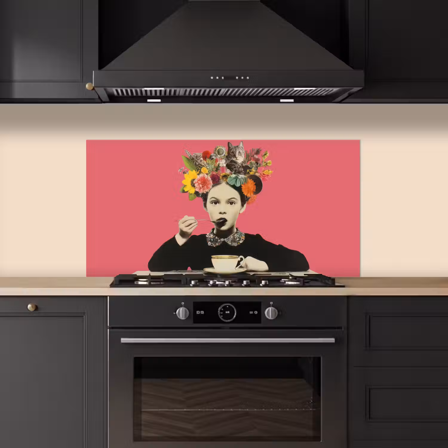 Meisje - Kopje - Bloemen - Roze keuken achterwand spatscherm middel -sfeer1