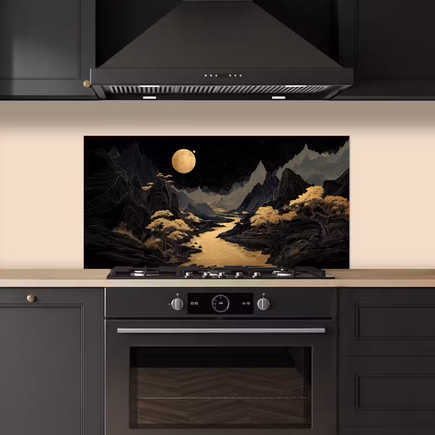 Gouden rivier - Bergen - Maan - Sterrenhemel keuken achterwand spatscherm middel -sfeer1