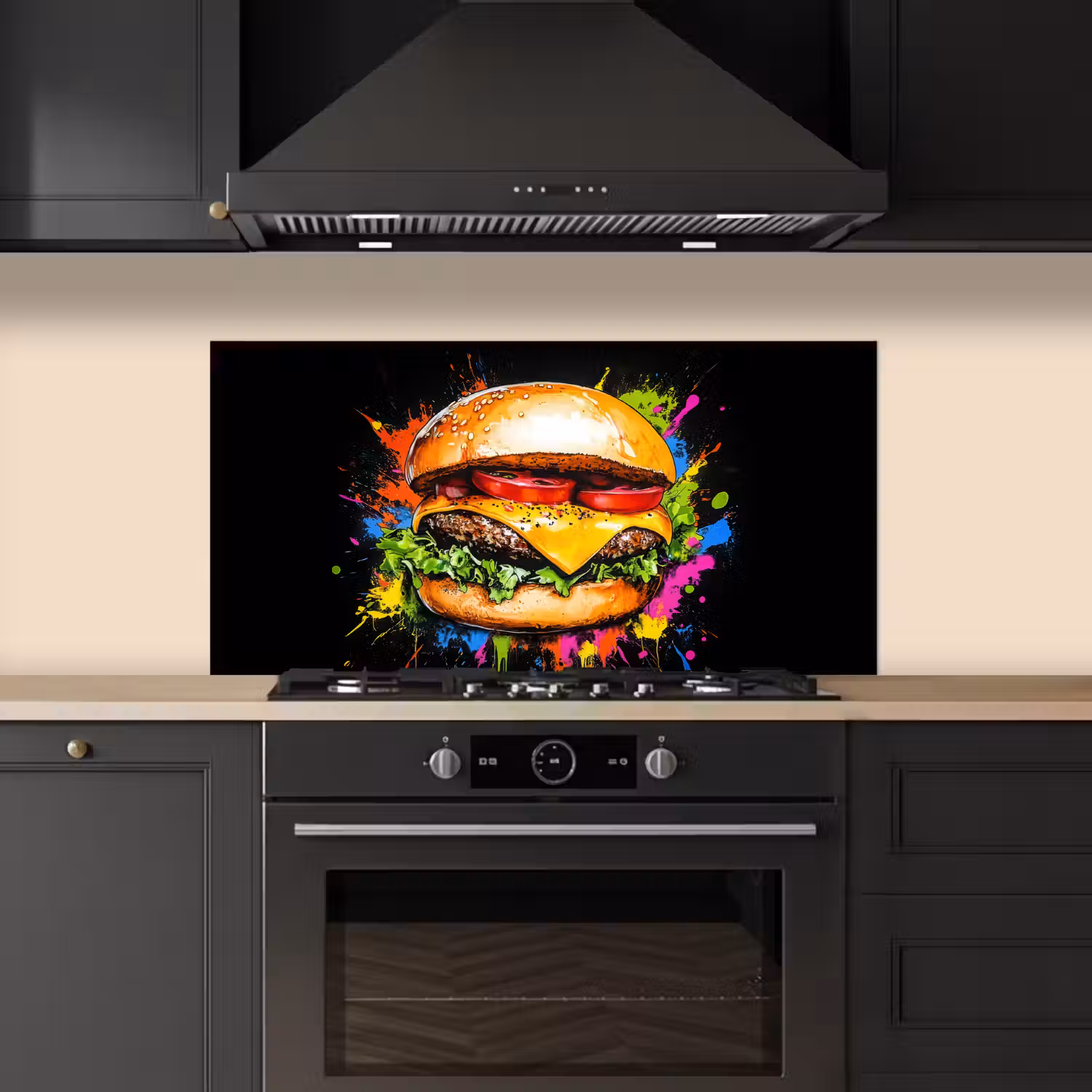 Hamburger - Graffiti - Verf - Kleurrijk - Eten - Abstract keuken achterwand spatscherm middel -sfeer1