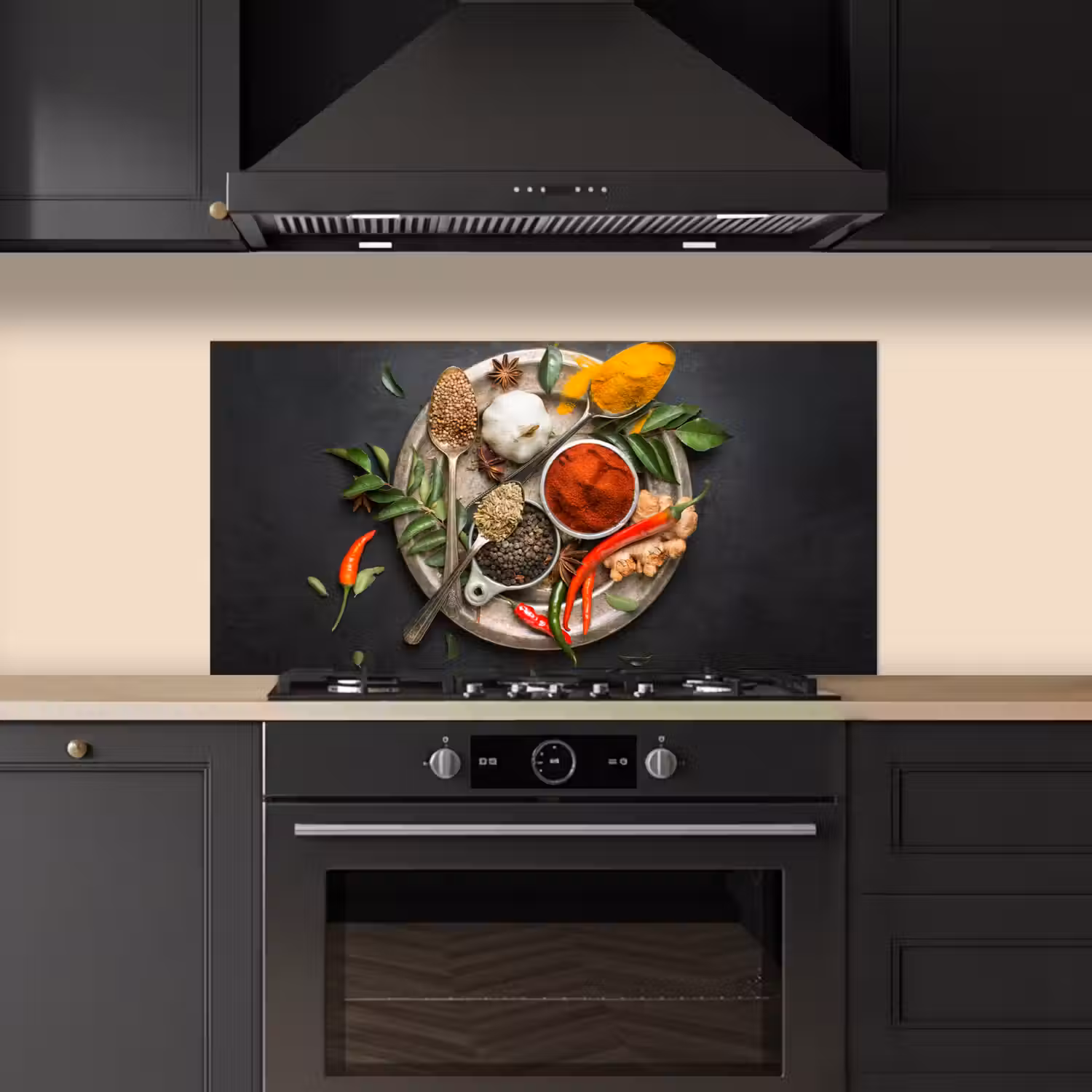 Kruiden - Bord - Peper - Zwart - Lepels - Zilver keuken achterwand spatscherm middel -sfeer1