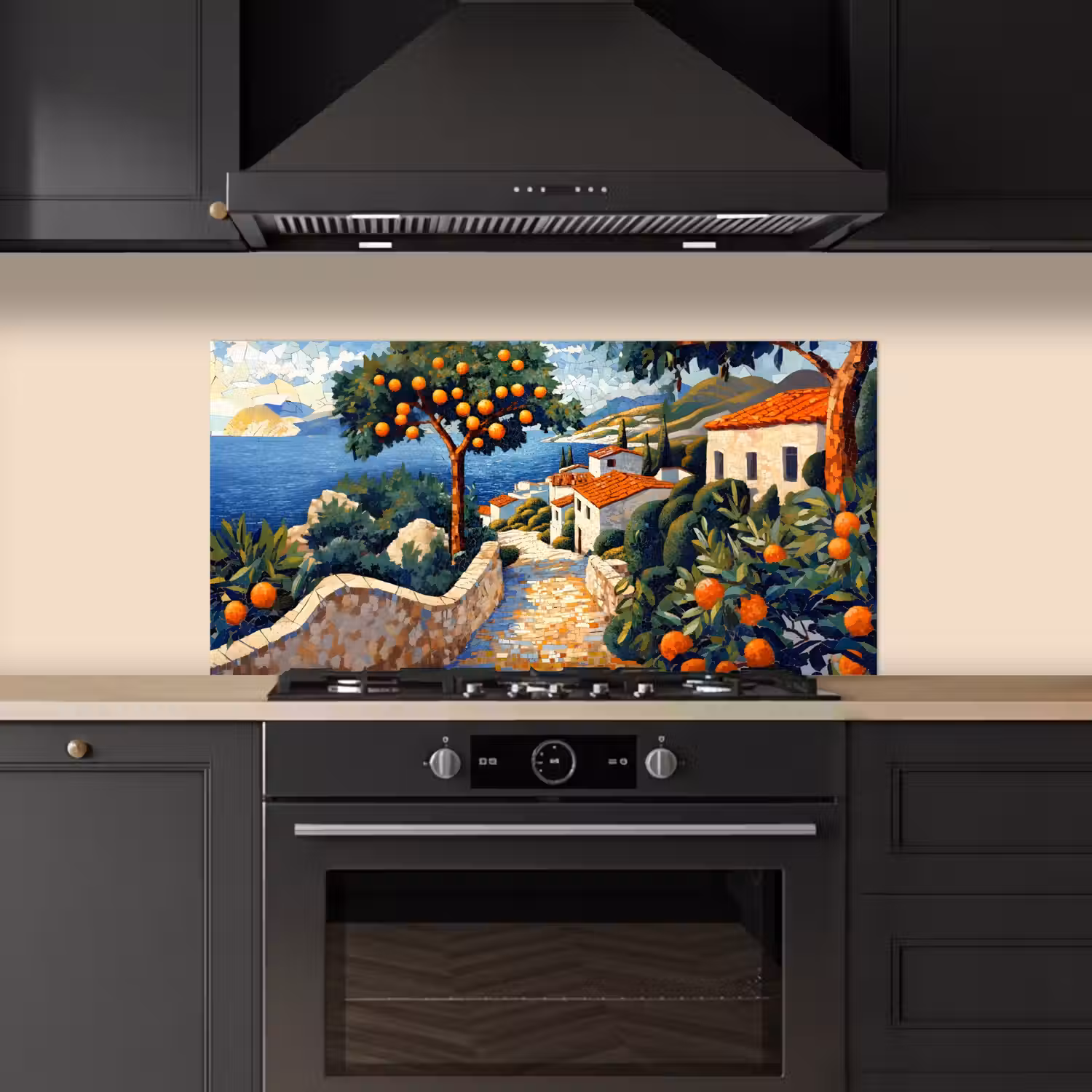 Huizen - Mozaïek - Sinaasappelbomen - Zee keuken achterwand spatscherm middel -sfeer1
