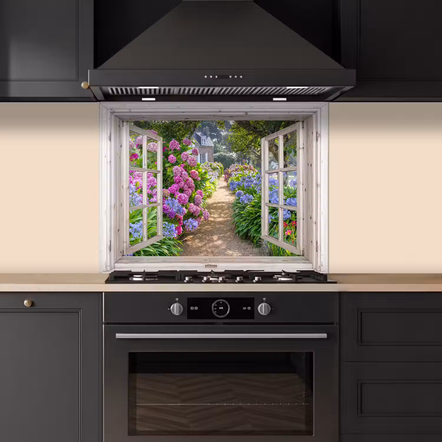 Hortensia - Doorkijk - Bloemen - Zomer - Paars - Pad keuken achterwand spatscherm middel -sfeer1