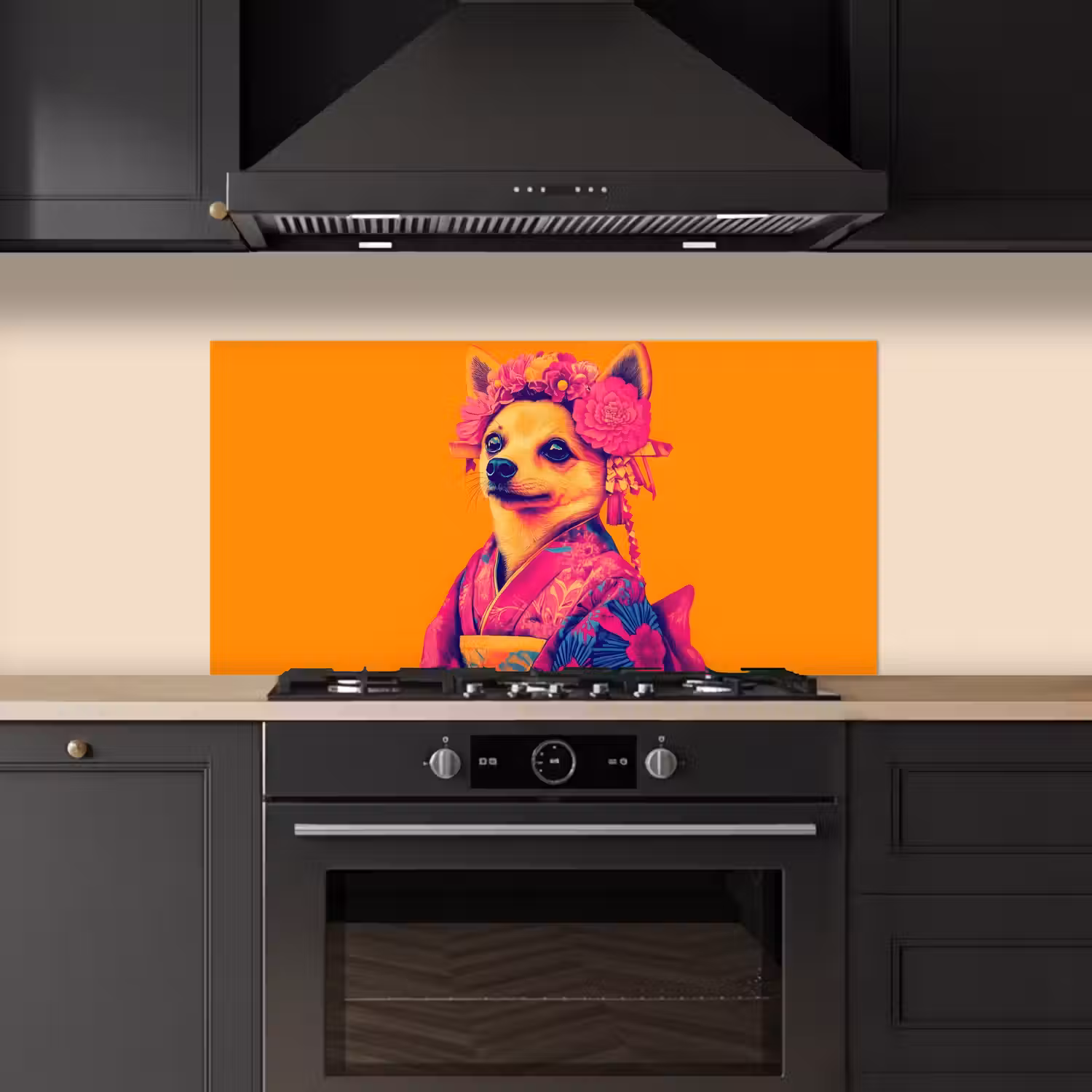 Kimono - Hondje - Bloemenkroon - Oranje keuken achterwand spatscherm middel -sfeer1