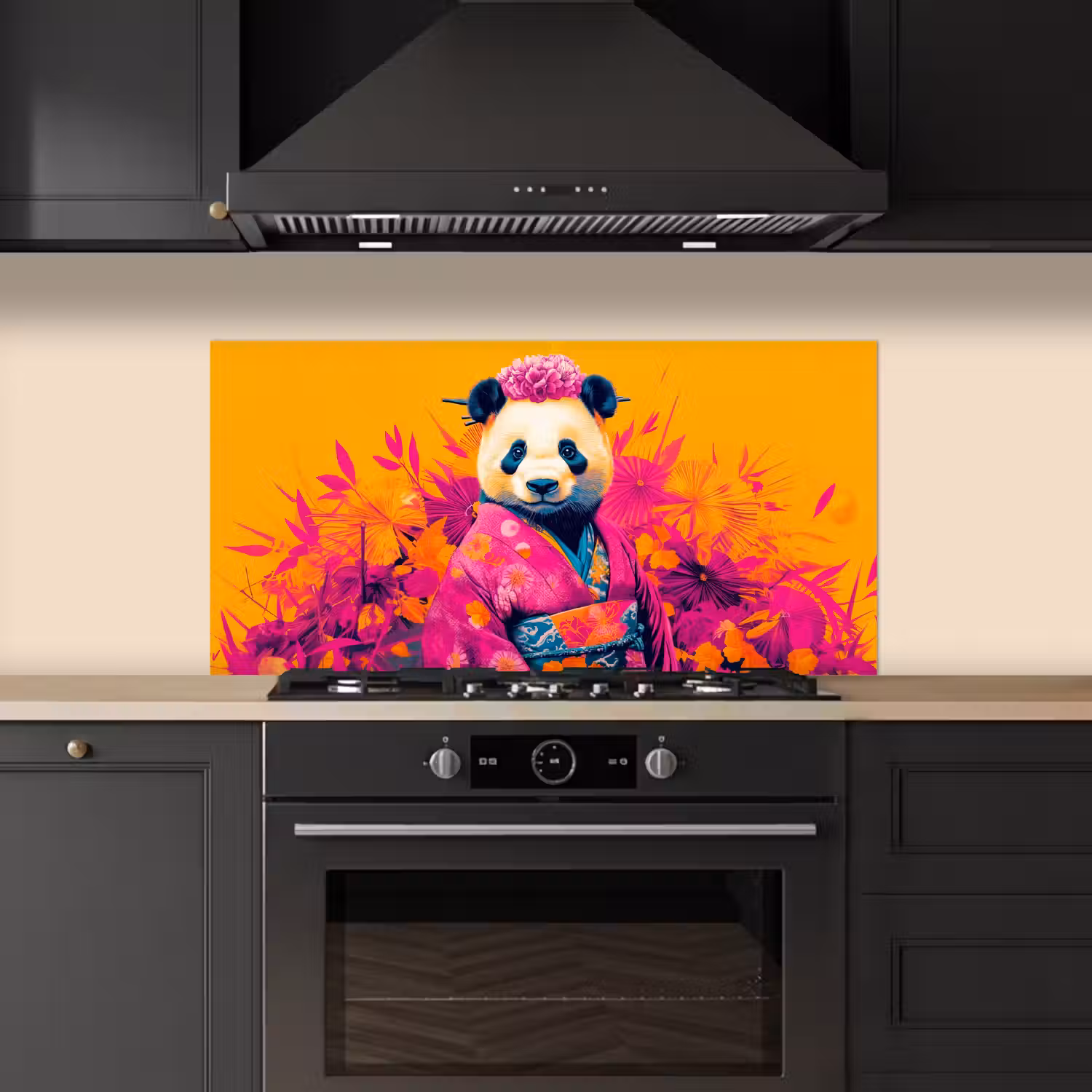Kimono - Roze - Panda - Bloemenkroon keuken achterwand spatscherm middel -sfeer1