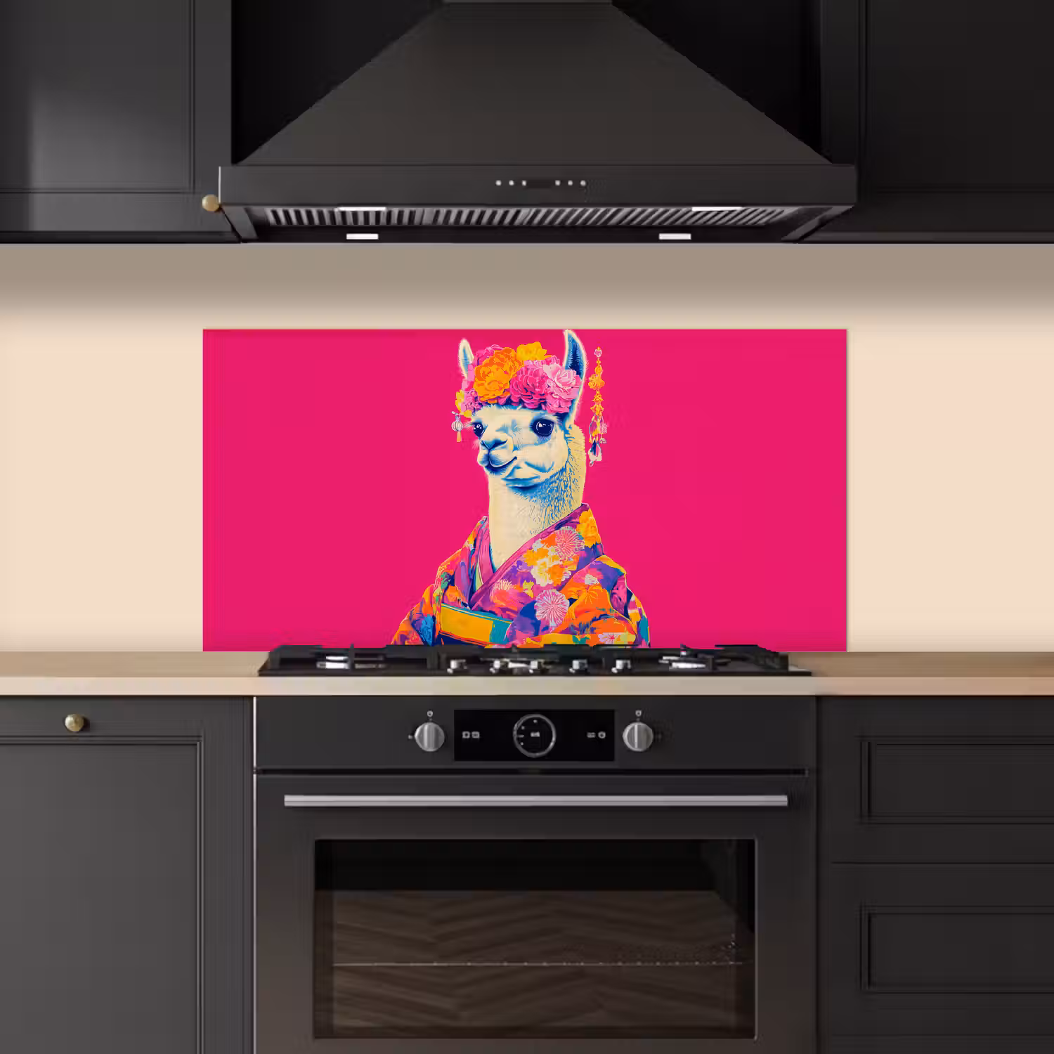 Lama - Kimono - Bloemenkrans - Felroze keuken achterwand spatscherm middel -sfeer1