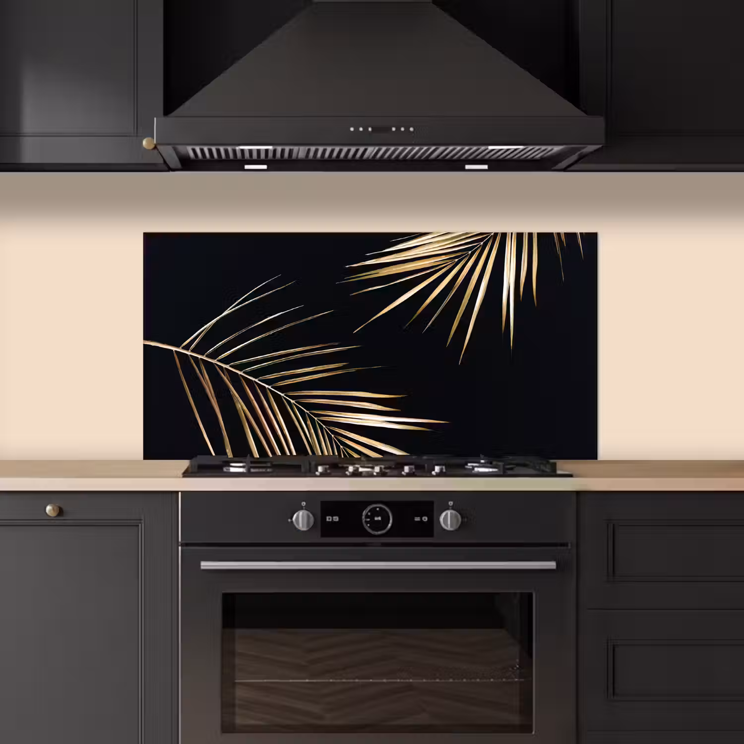 Bladeren - Planten - Goud - Zwart - Luxe keuken achterwand spatscherm middel -sfeer1
