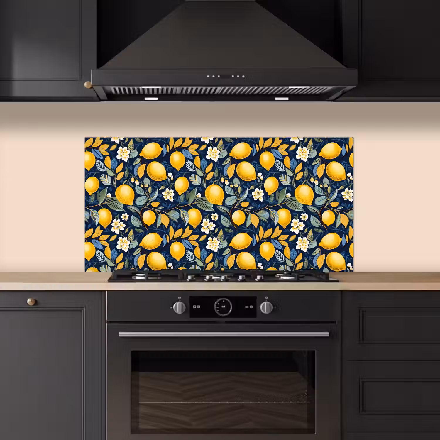 Citroenen - Bloemen - Bladeren - Blauw keuken achterwand spatscherm middel 899 -sfeer1