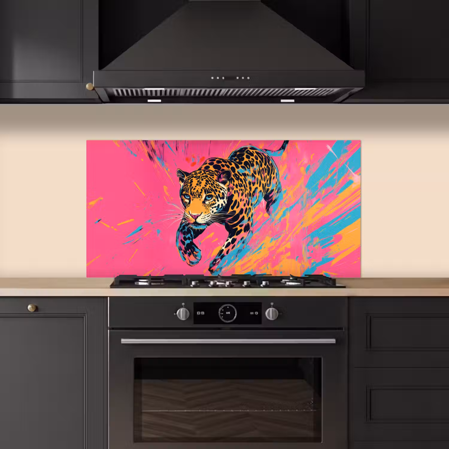 Luipaard - Roze - Oranje - Blauw - Verf keuken achterwand spatscherm middel -sfeer1