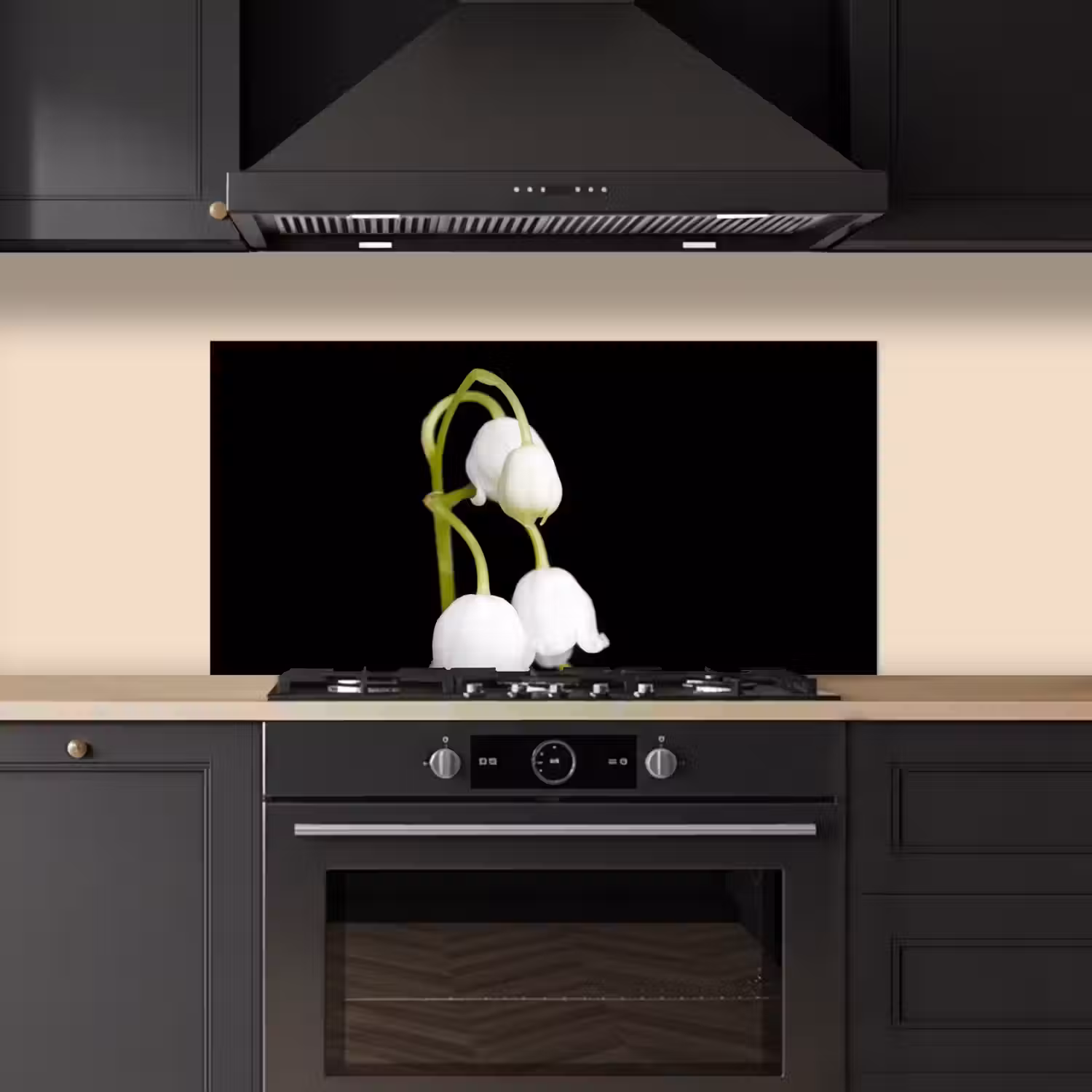 Lelietjes van dalen - Bloemen - Zwart - Flora keuken achterwand spatscherm middel -sfeer1