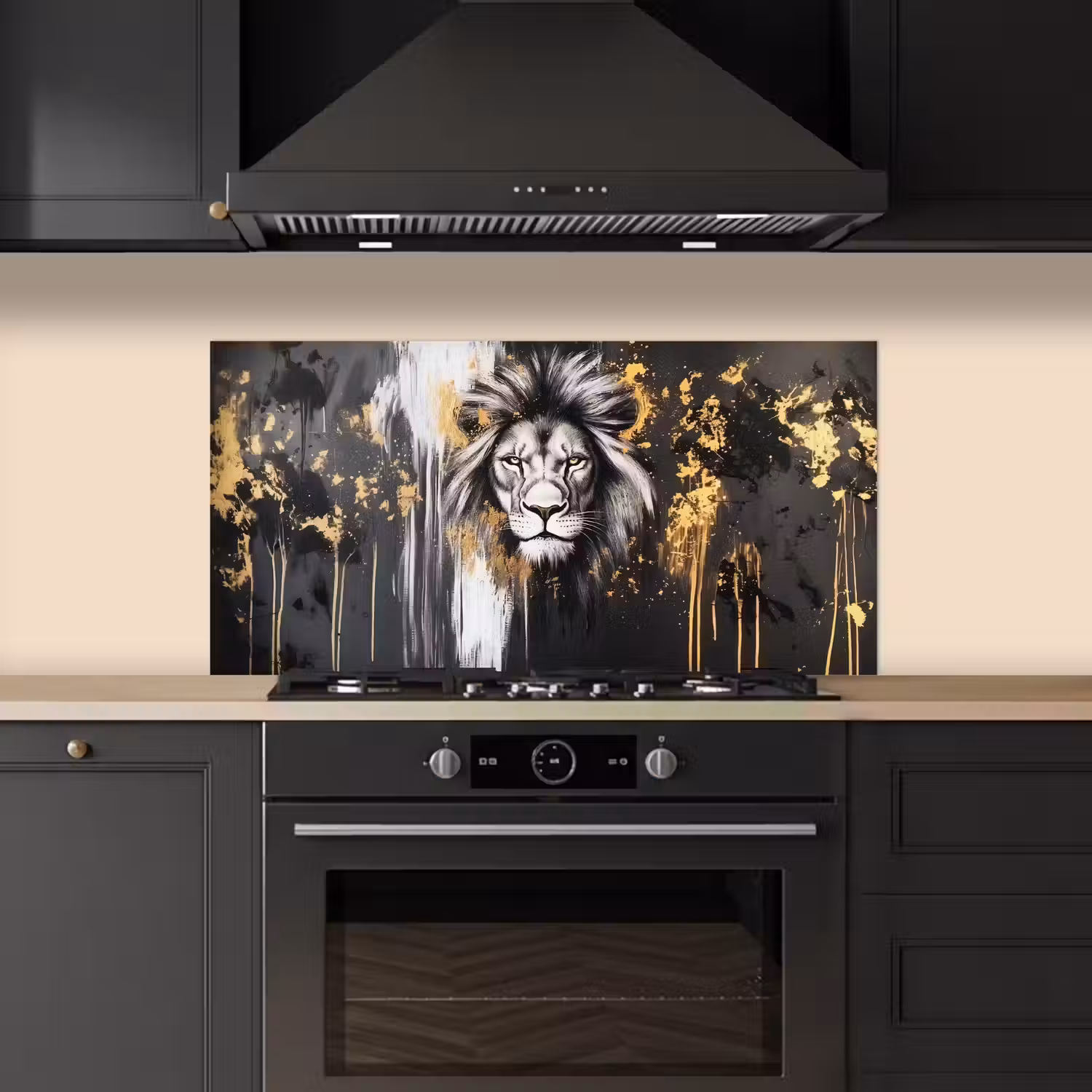 Leeuw - Portret - Verfspatten - Grijs keuken achterwand spatscherm middel -sfeer1