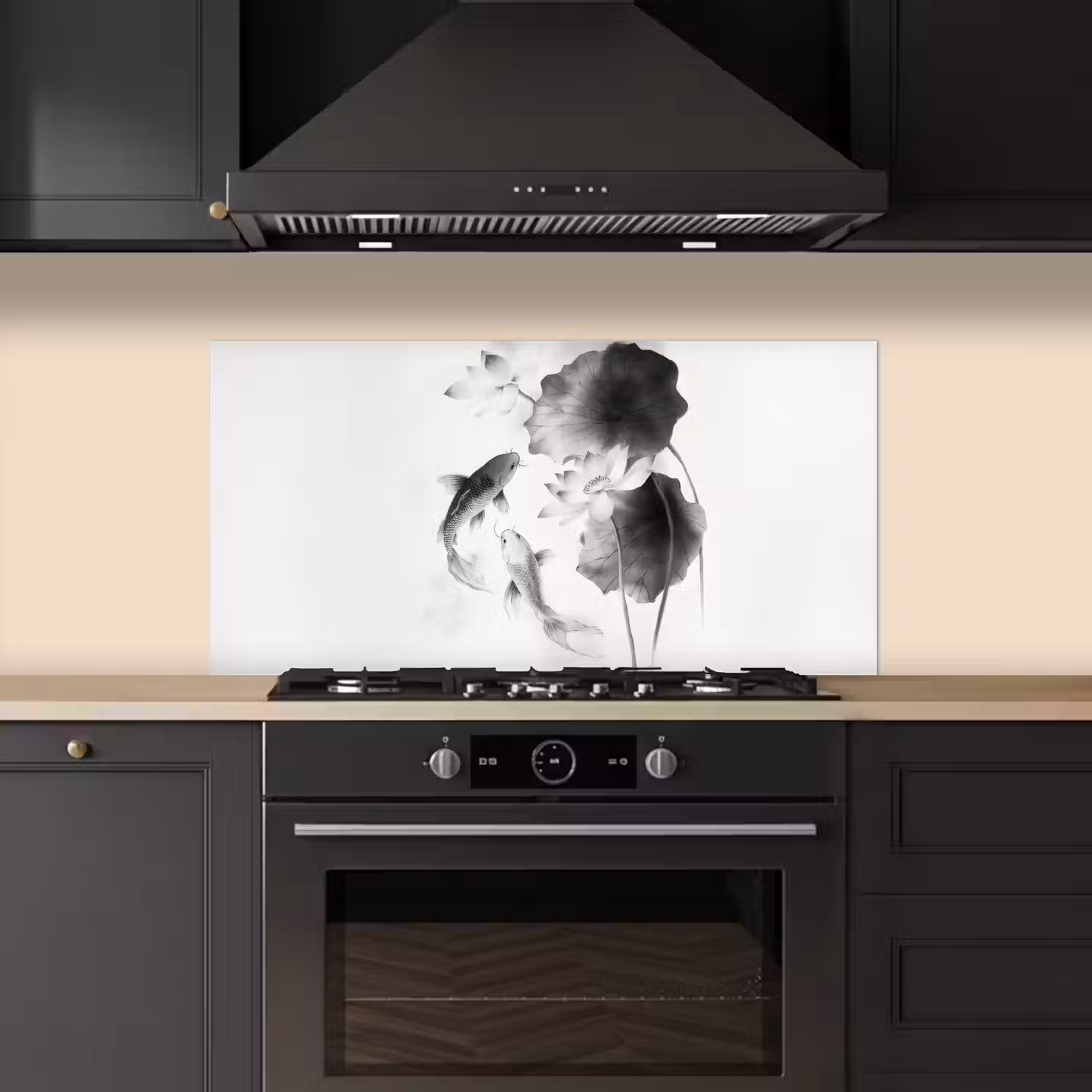 Lotusbloemen - Vissen - Bladeren - Zwart keuken achterwand spatscherm middel -sfeer1