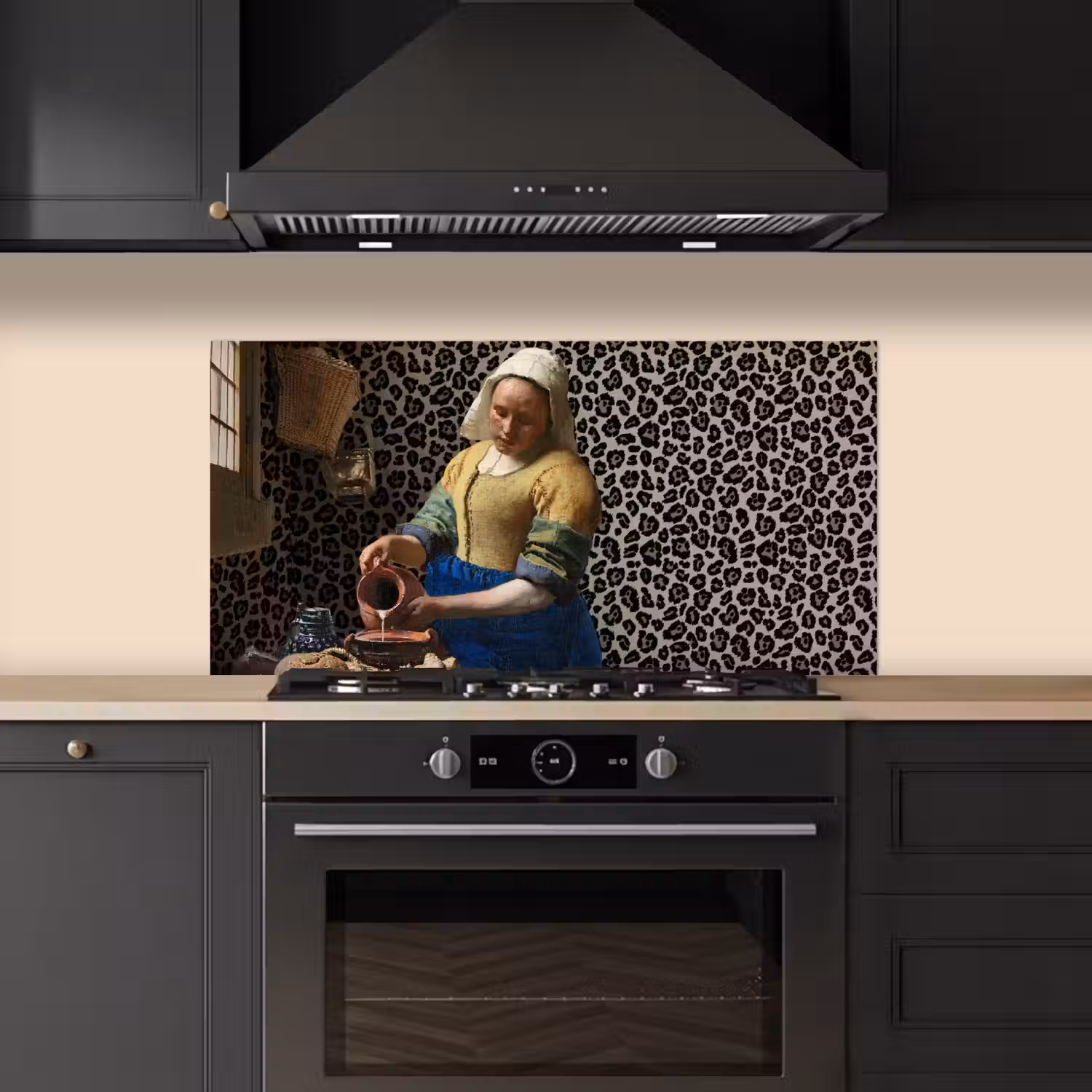 Melkmeisje - Kunst - Panterprint - Vermeer - Schilderij - Oude meesters keuken achterwand spatscherm middel -sfeer1
