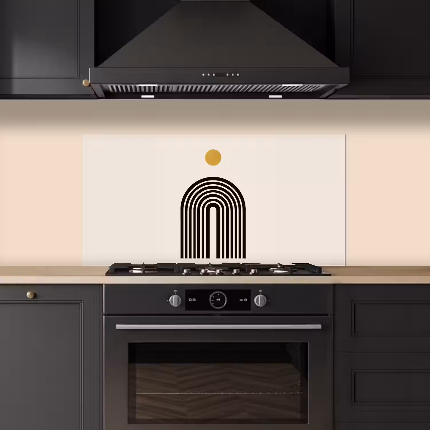 Minimalistisch - Zwarte boog - Gouden cirkel keuken achterwand spatscherm middel -sfeer1