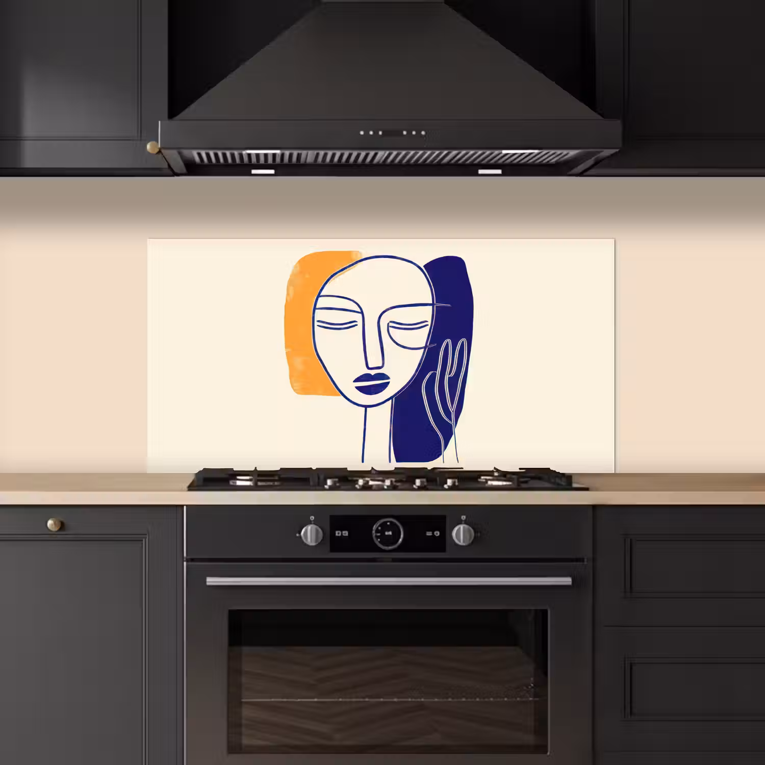 Minimalistisch - Gezicht - Hand - Oranje - Blauw keuken achterwand spatscherm middel -sfeer1