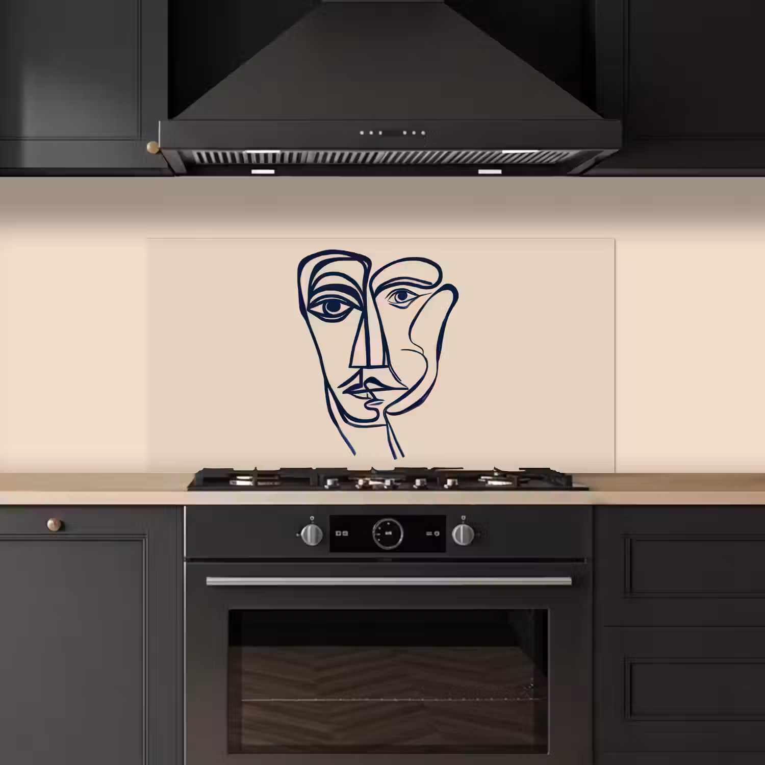 Minimalistisch - Lijnillustratie - Beige - Donkerblauw keuken achterwand spatscherm middel -sfeer1