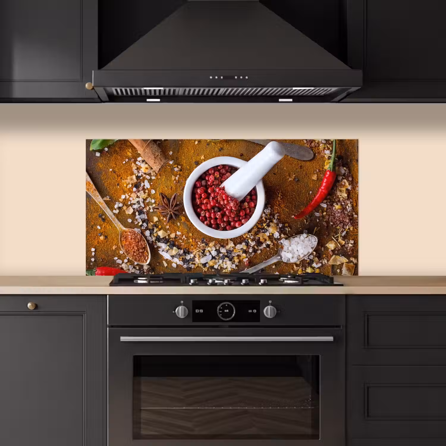 Vijzel - Kruiden - Lepels - Specerijen - Bruin - Peper keuken achterwand spatscherm middel -sfeer1