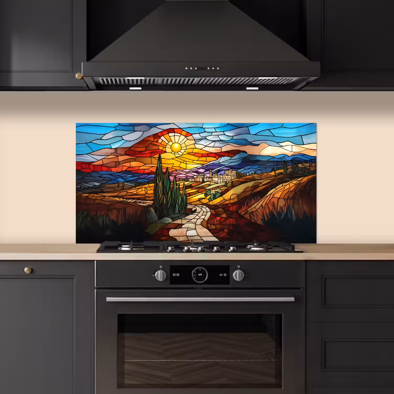 Mozaïek - Zon - Landschap - Dorp keuken achterwand spatscherm middel -sfeer1