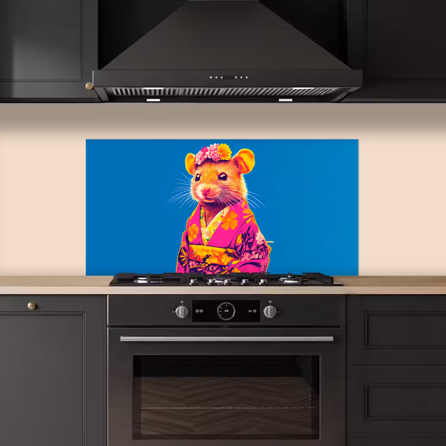 Muis - Kimono - Bloemen - Blauw keuken achterwand spatscherm middel -sfeer1