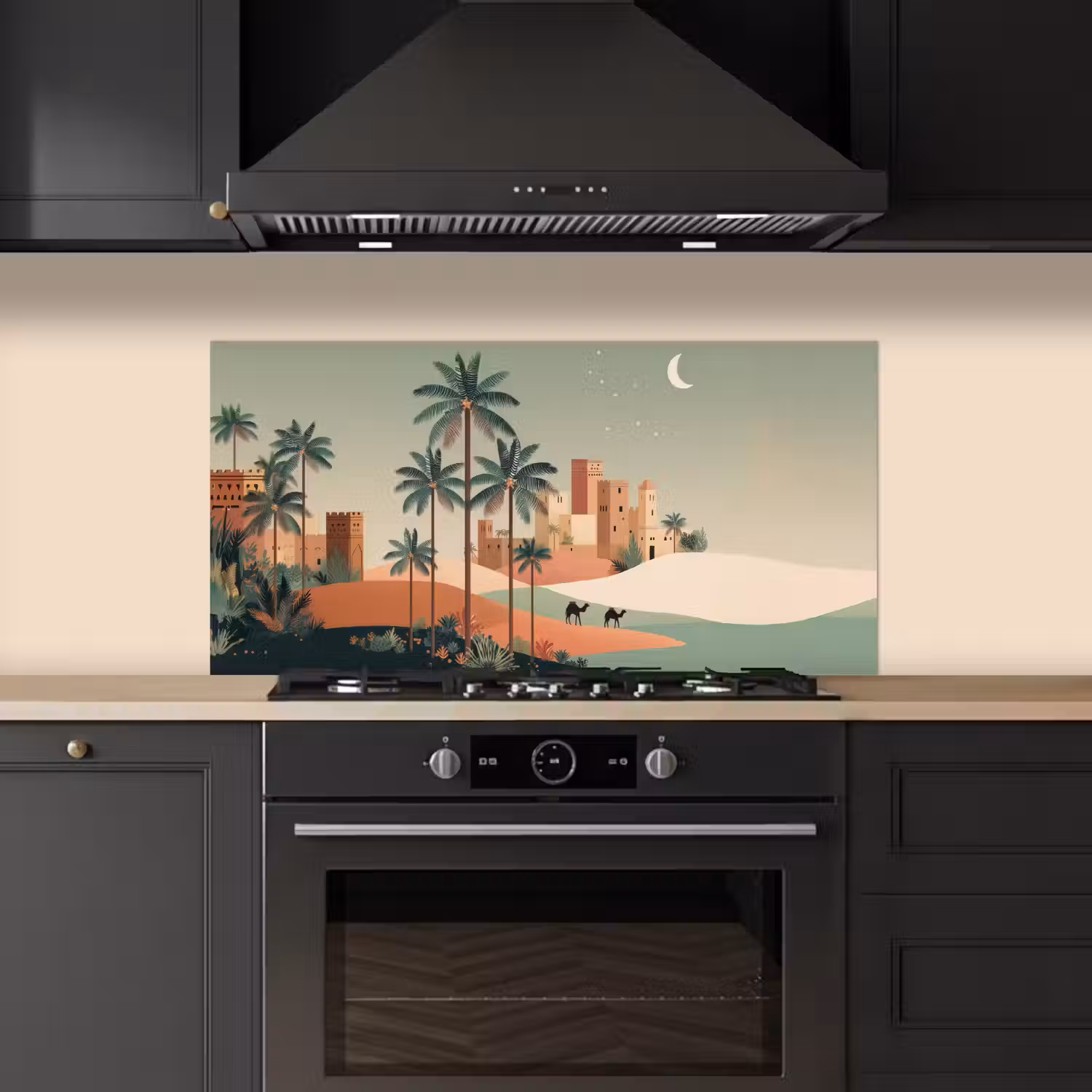 Nachtlandschap - Kamelen - Sterren - zandduinden keuken achterwand spatscherm middel -sfeer1