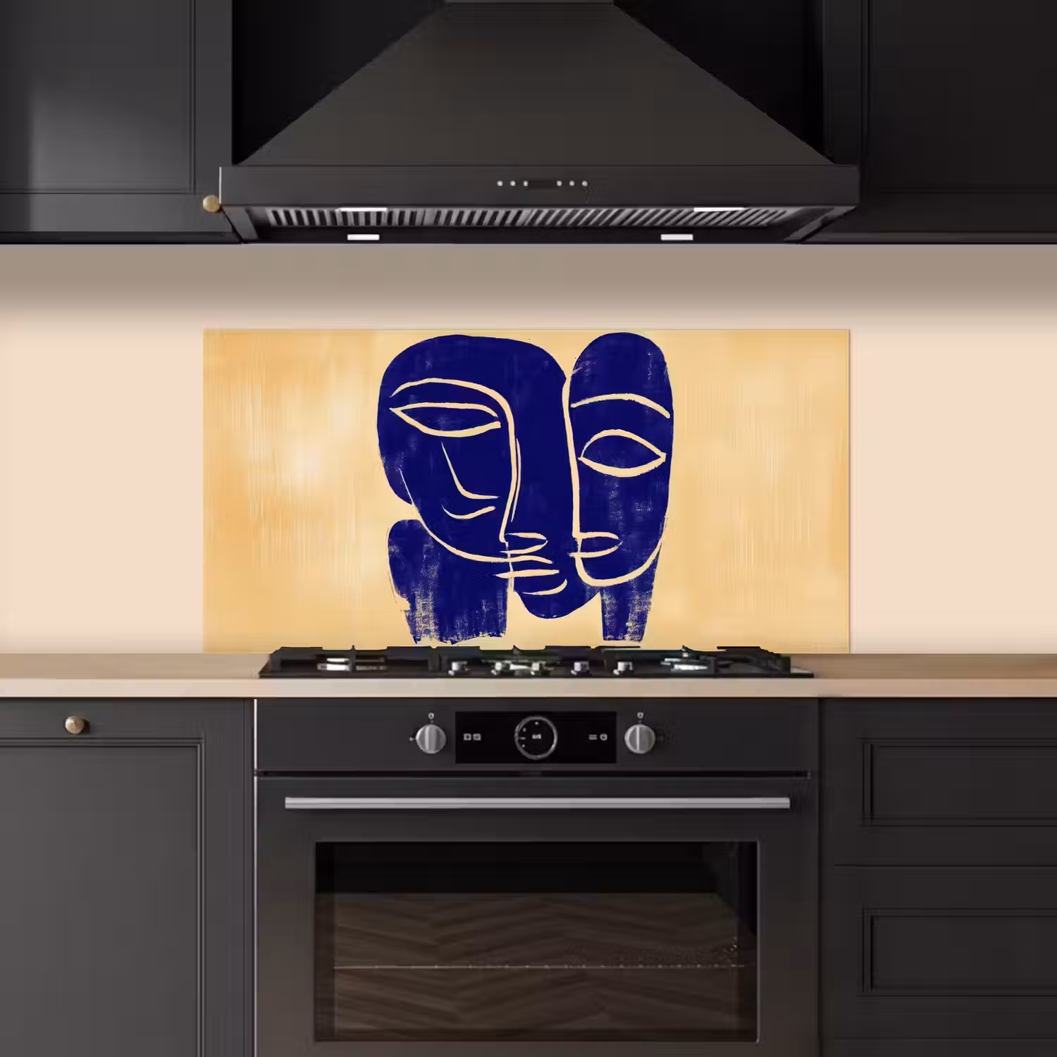 Okergeel - Blauw - Eenvoudige lijnen keuken achterwand spatscherm middel -sfeer1