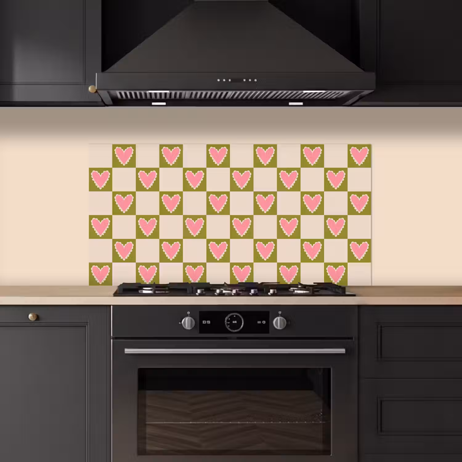 Olijfgroen - Hartjes - Patroon - Retro keuken achterwand spatscherm middel 899 -sfeer1