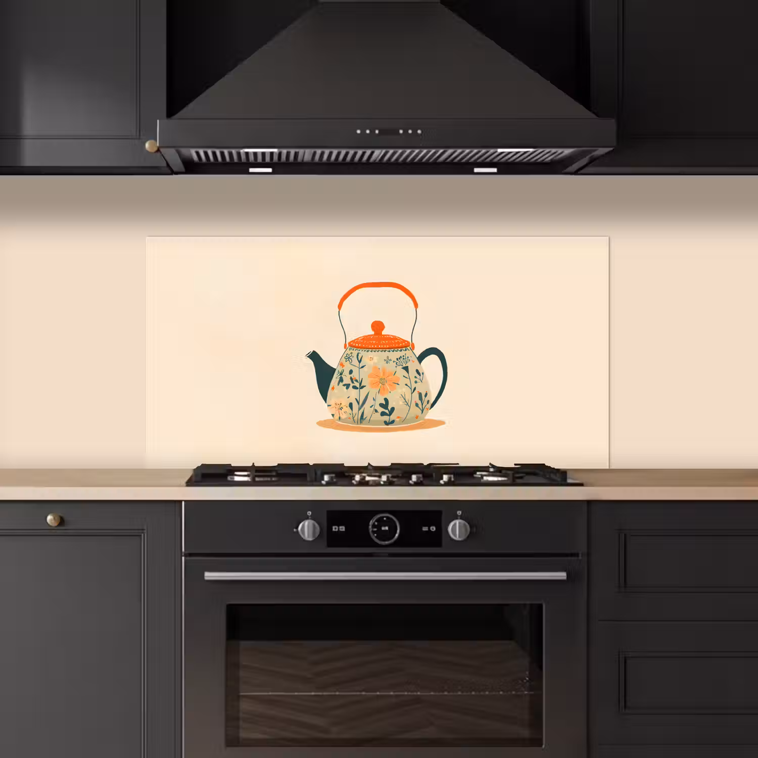 Oranje - Theepot - Bloemen - Bladeren keuken achterwand spatscherm middel -sfeer1
