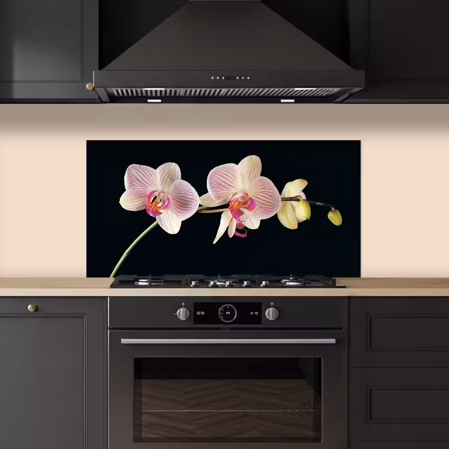 Orchidee - Bloemen - Zwart - Roze - Knoppen keuken achterwand spatscherm middel -sfeer1