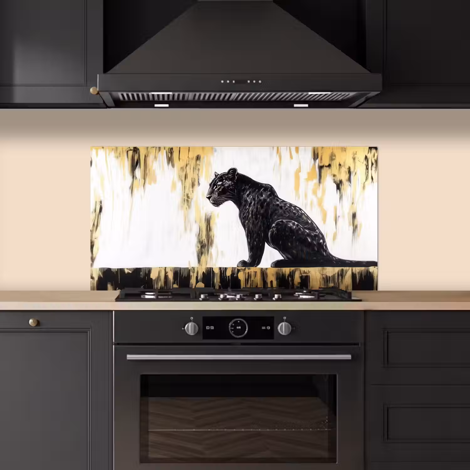 Panter - Zwart - Abstract - Goud keuken achterwand spatscherm middel -sfeer1