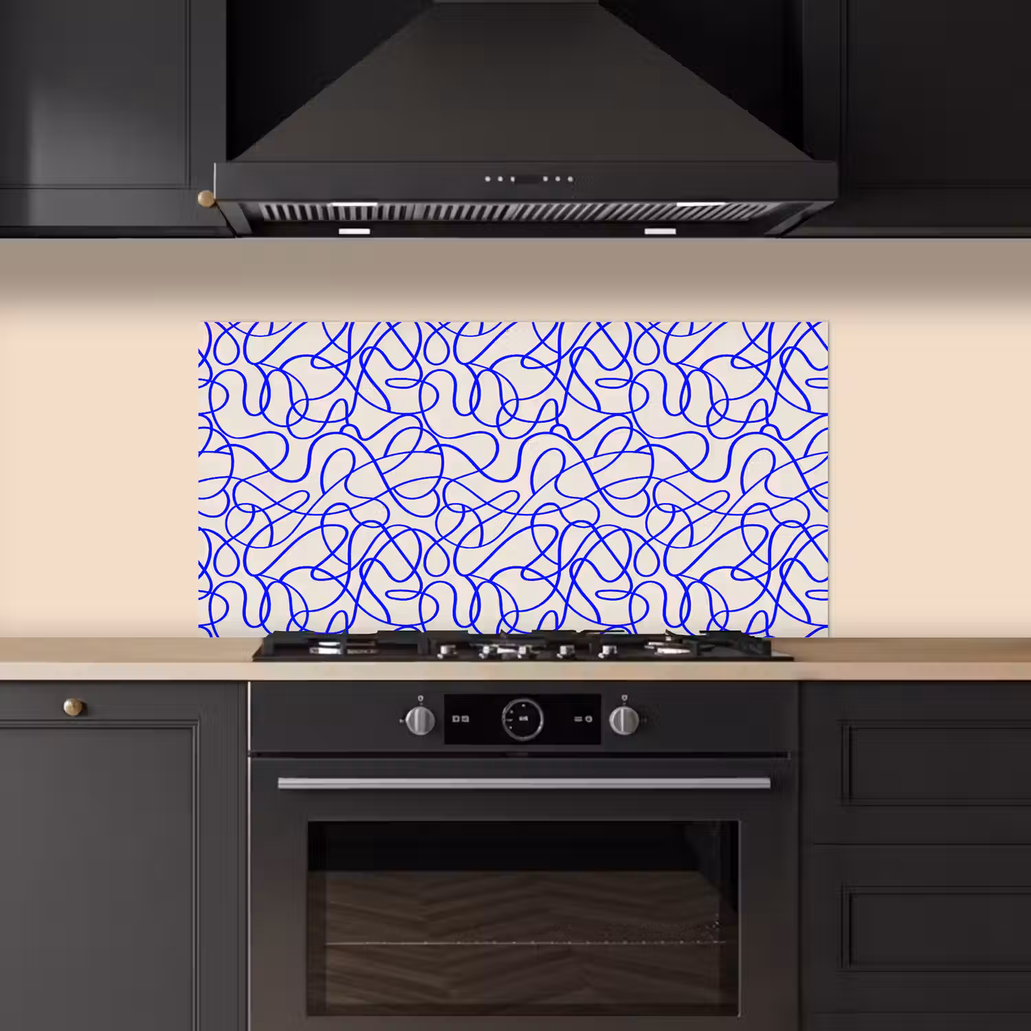 Patronen - Beige - Blauw - Lijnen keuken achterwand spatscherm middel 899 -sfeer1