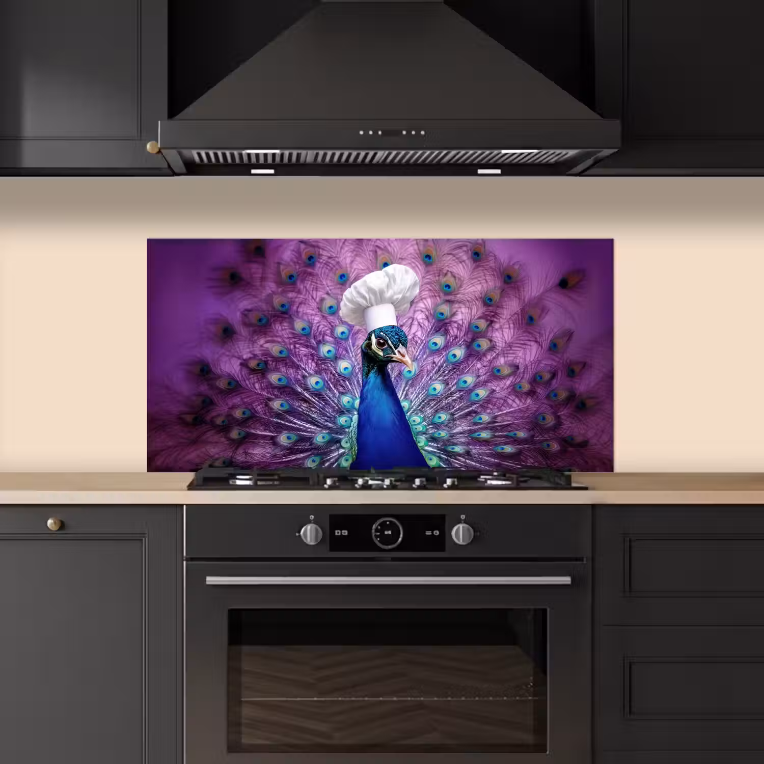 Pauw - Koksmuts - Cool - Paars keuken achterwand spatscherm middel -sfeer1