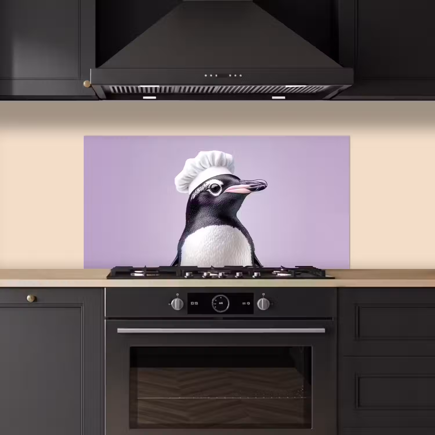 Pinguïn - Koksmuts - Lief - Paars keuken achterwand spatscherm middel -sfeer1