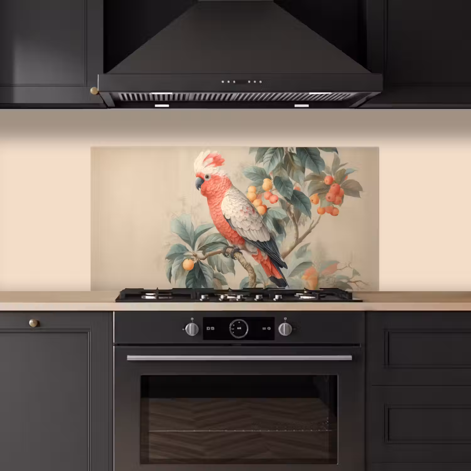Roze kuifkaketoe - Tak met vruchten - Bladeren keuken achterwand spatscherm middel -sfeer1
