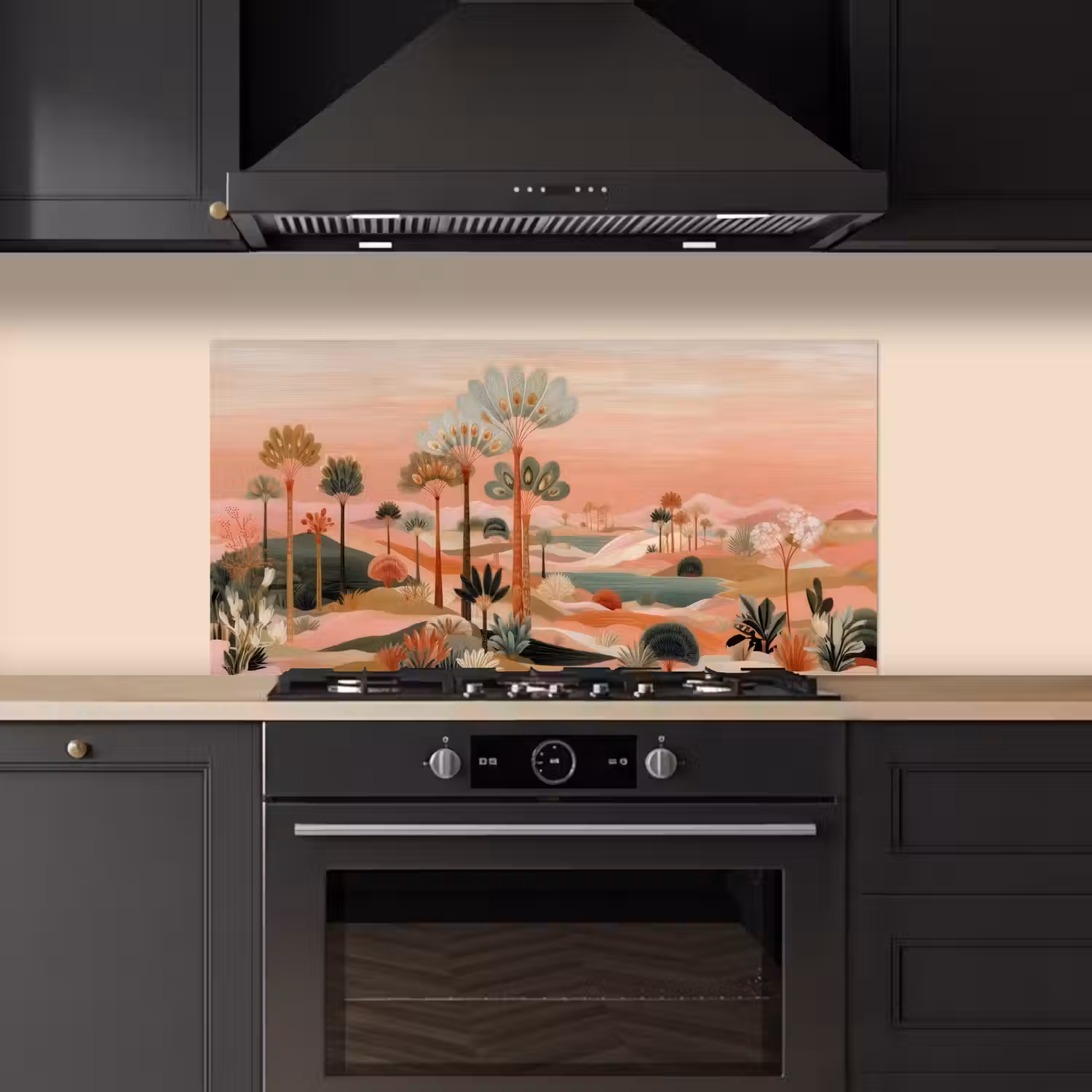 Roze landschap - Palmen - Water keuken achterwand spatscherm middel -sfeer1