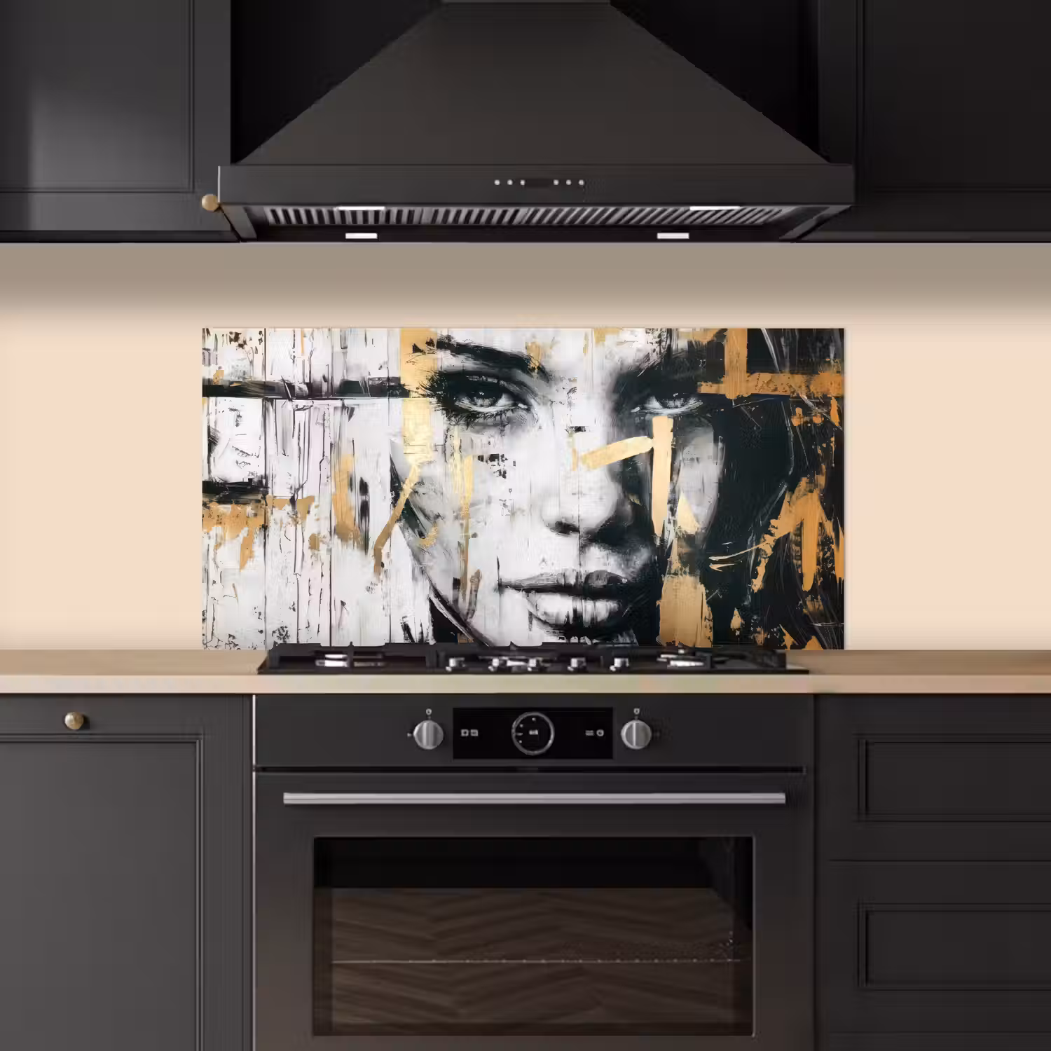 Portret - Vrouw - Penseelstreken - Goud keuken achterwand spatscherm middel -sfeer1