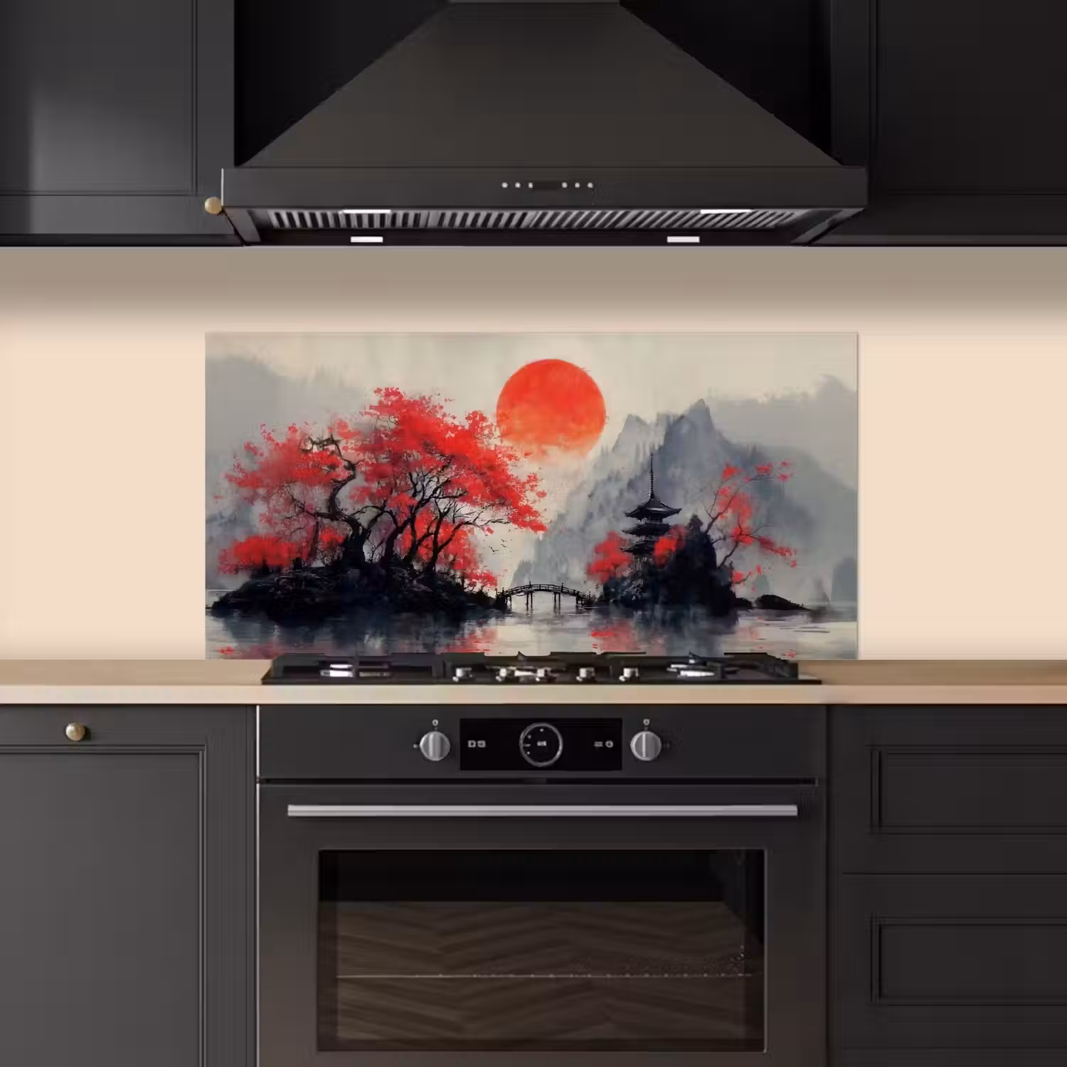 Rode zon - Rivier - brug - Bomen keuken achterwand spatscherm middel -sfeer1