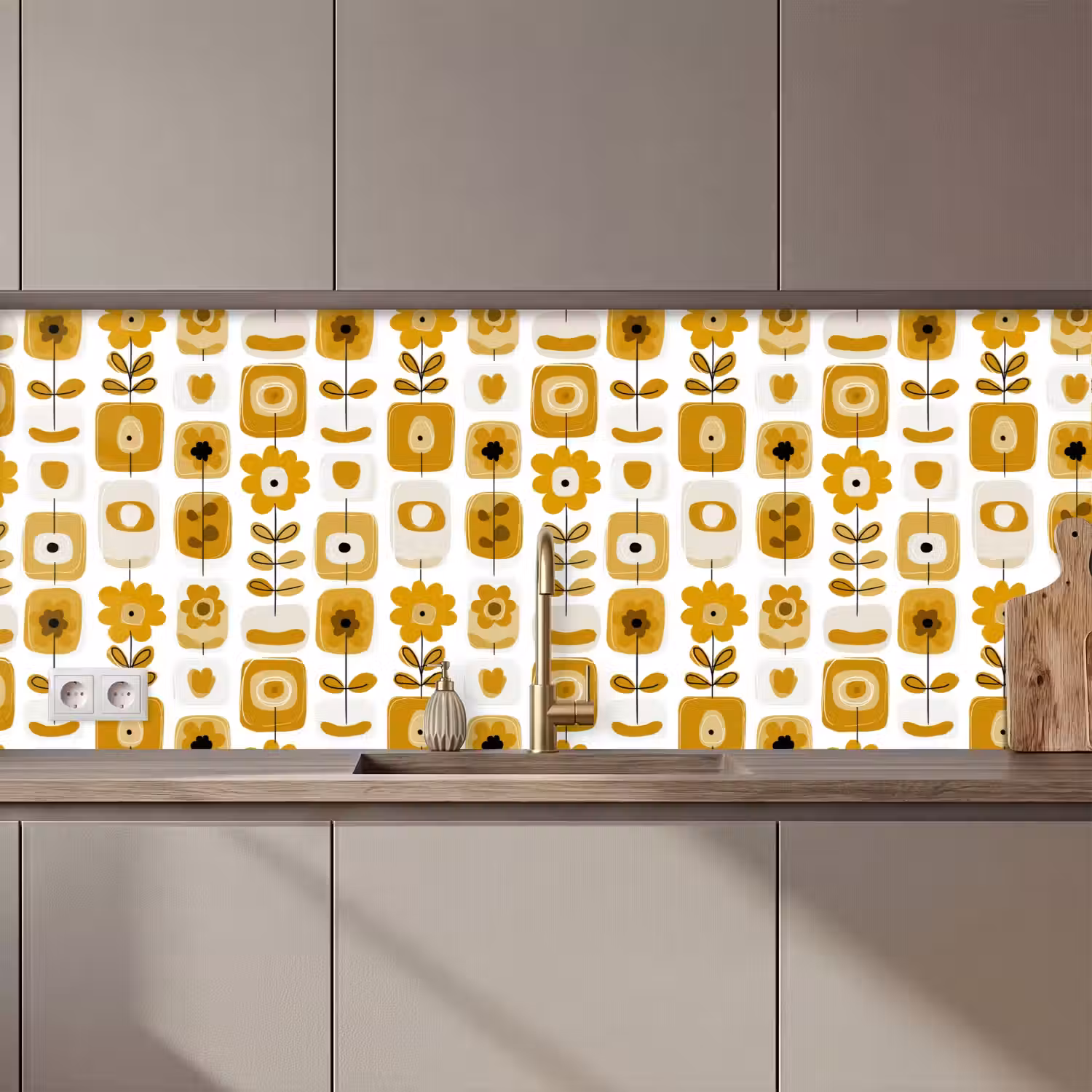 Retro - Abstract - Bloemen - Okergeel keuken achterwand 2 middel 871 zz_3dshopping
