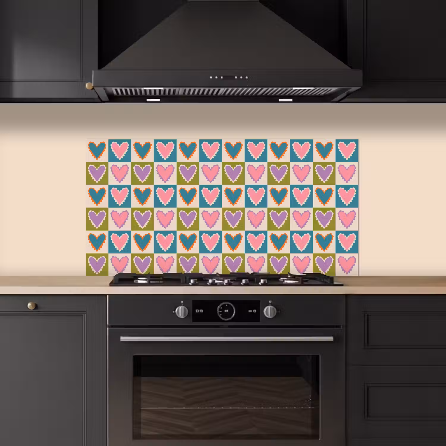 Retro - Kleuren - Patroon - Hartjes keuken achterwand spatscherm middel 899 -sfeer1