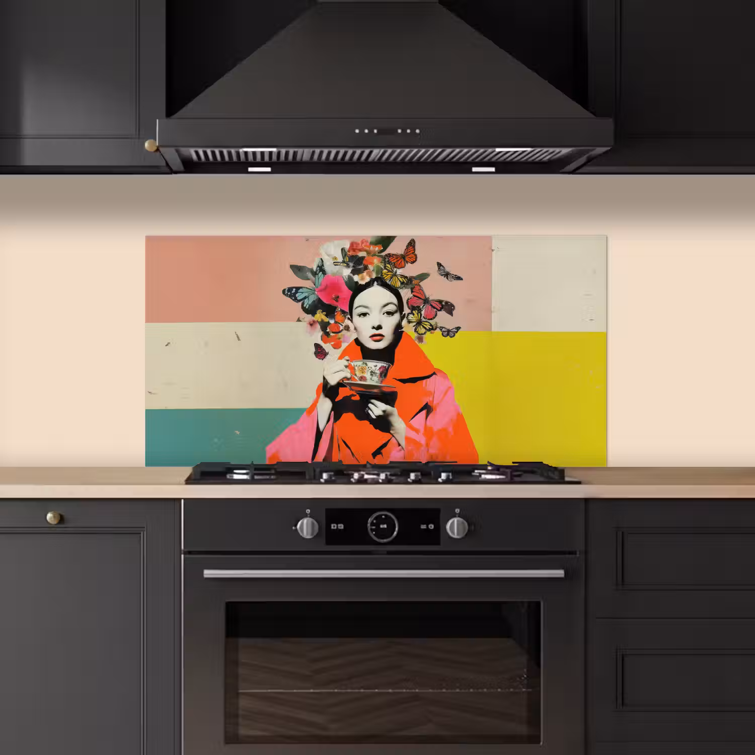Retro - Vrouw - Kopje - Vlinders keuken achterwand spatscherm middel -sfeer1
