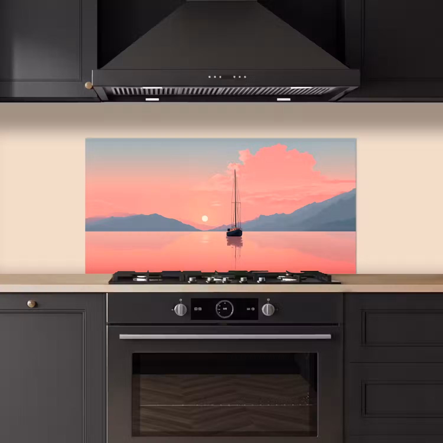 Zeilboot - Roze zee - Zonsondergang - Bergen keuken achterwand spatscherm middel -sfeer1