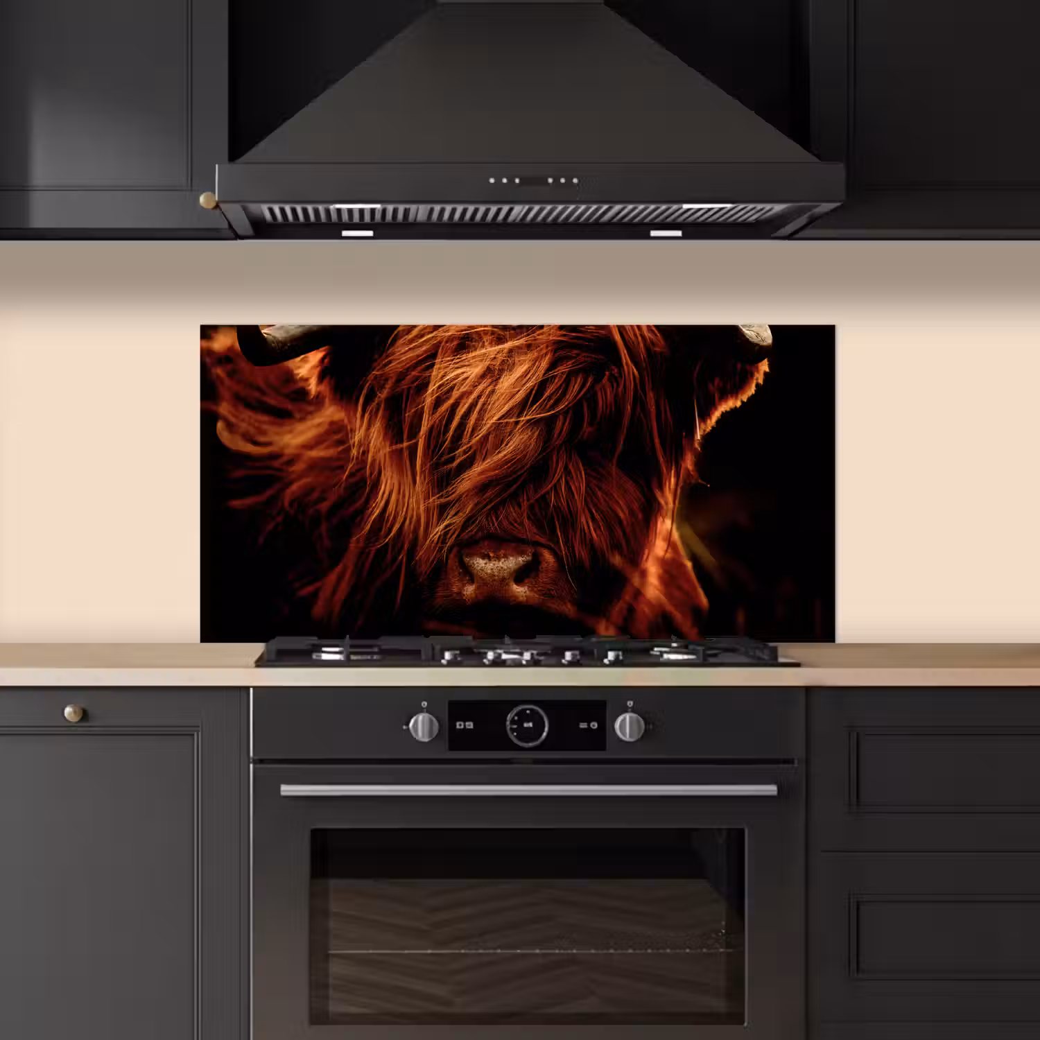 Schotse hooglander - Koe - Hoorns - Portret - Dieren keuken achterwand spatscherm middel -sfeer1