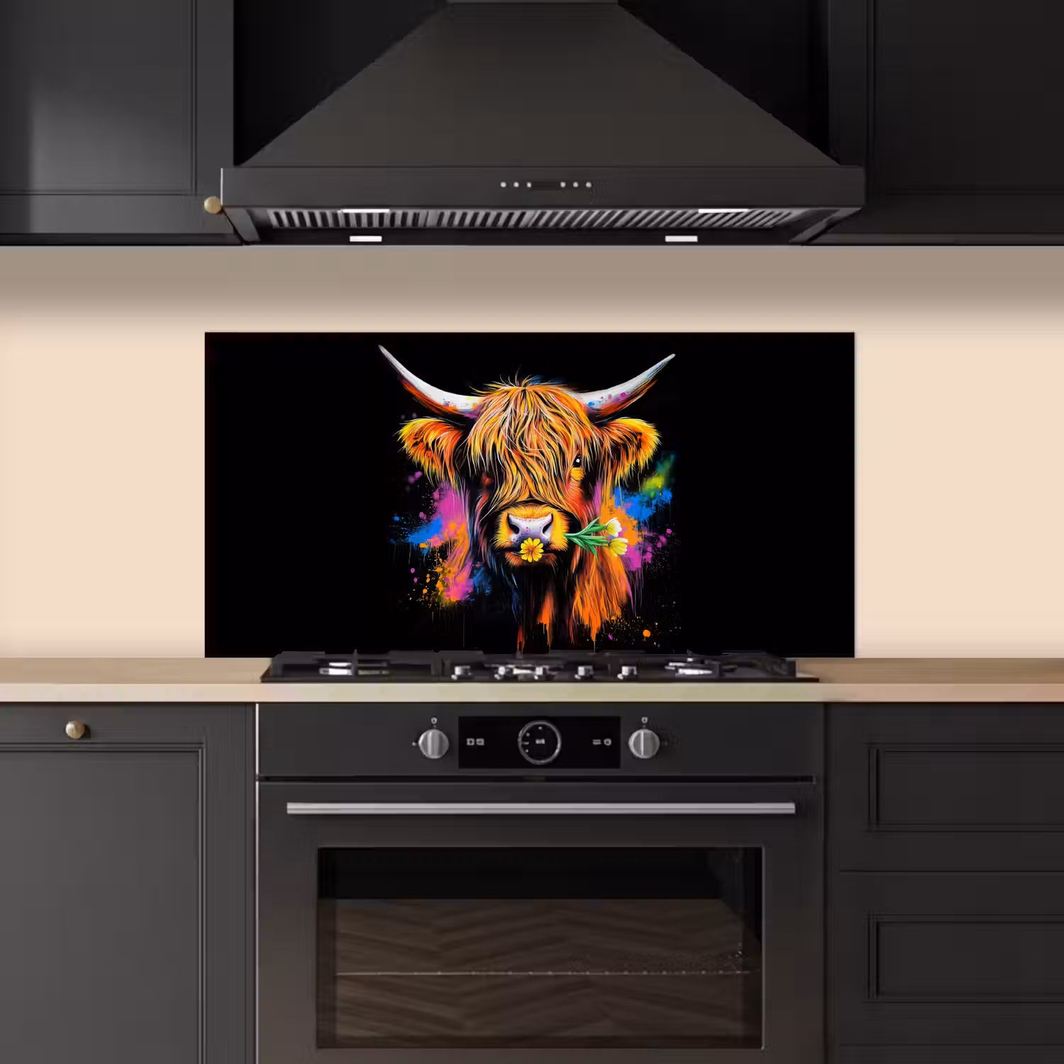 Schotse Hooglander - Graffiti - Kleurrijk - Bloem - Dieren keuken achterwand spatscherm middel -sfeer1