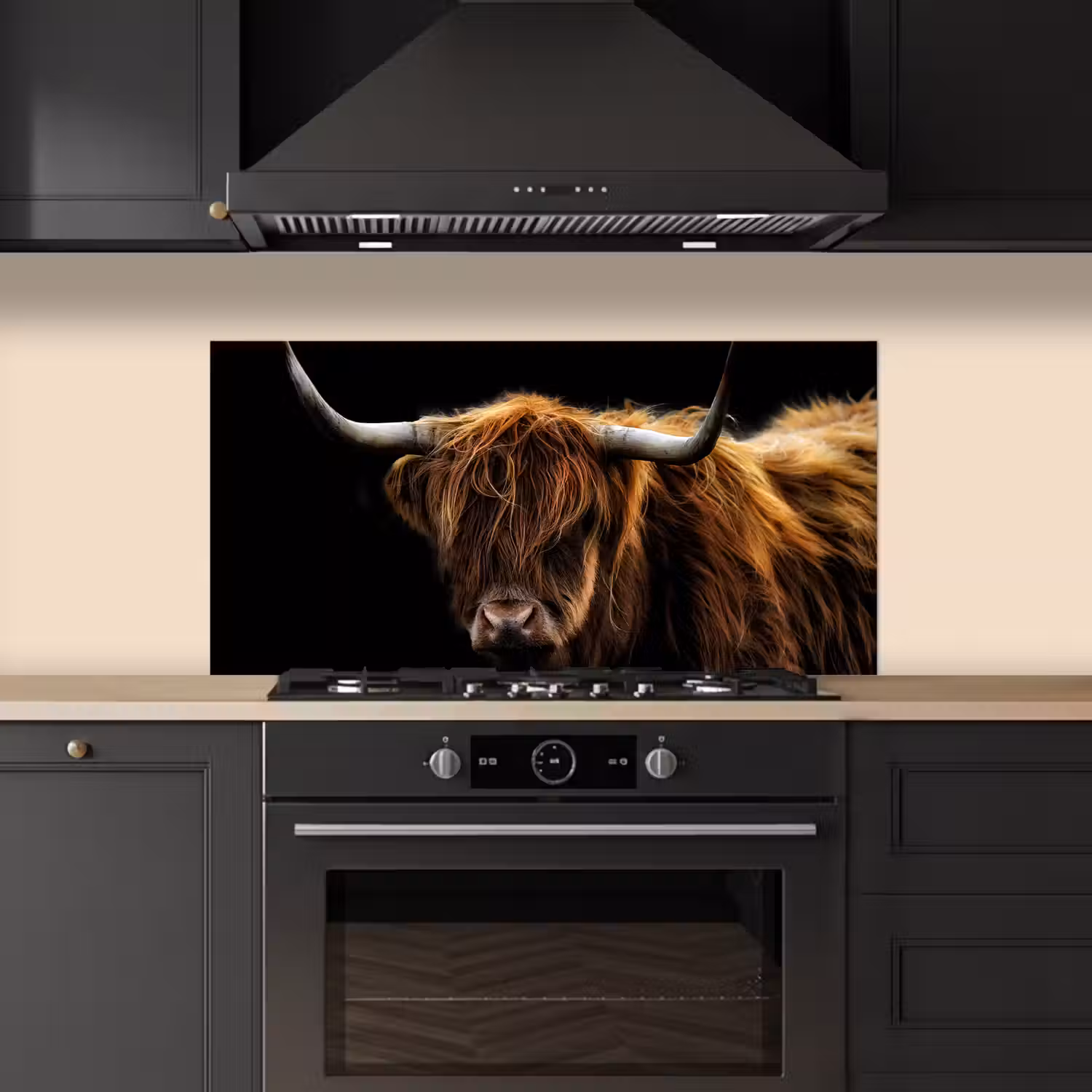 Schotse Hooglander - Horens - Zwart - Dieren - Natuur - Wild - Koe keuken achterwand spatscherm middel -sfeer1